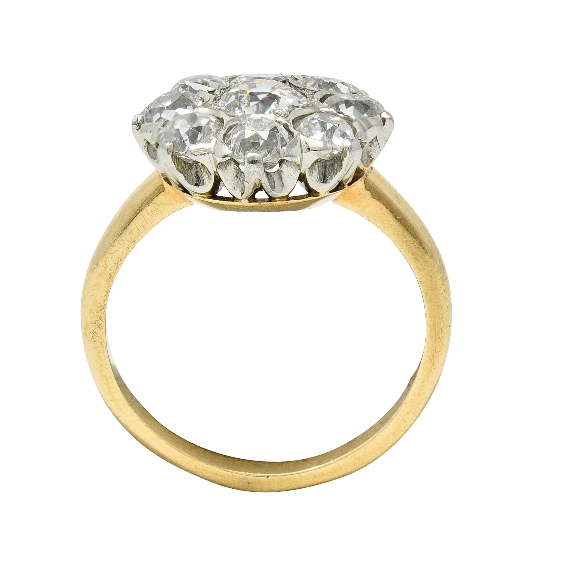Edwardian 1.05 CTW Old European Cut Diamond 18 Karat Two-Tone Gold Antique Halo Ring - Image 8