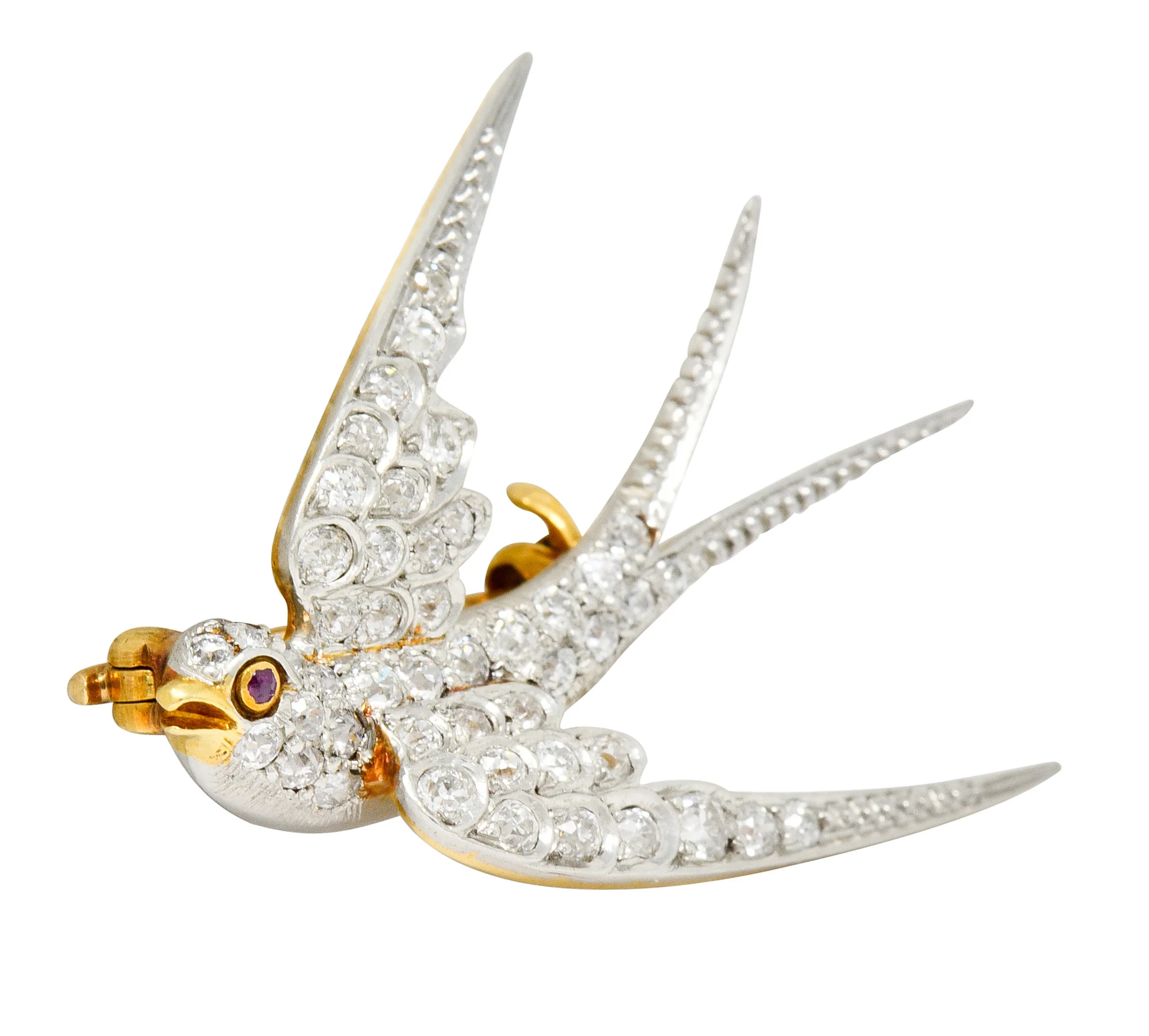 Edwardian 1.06 CTW Pave Diamond Platinum-Topped 18 Karat Gold Swallow Bird Brooch - Image 2