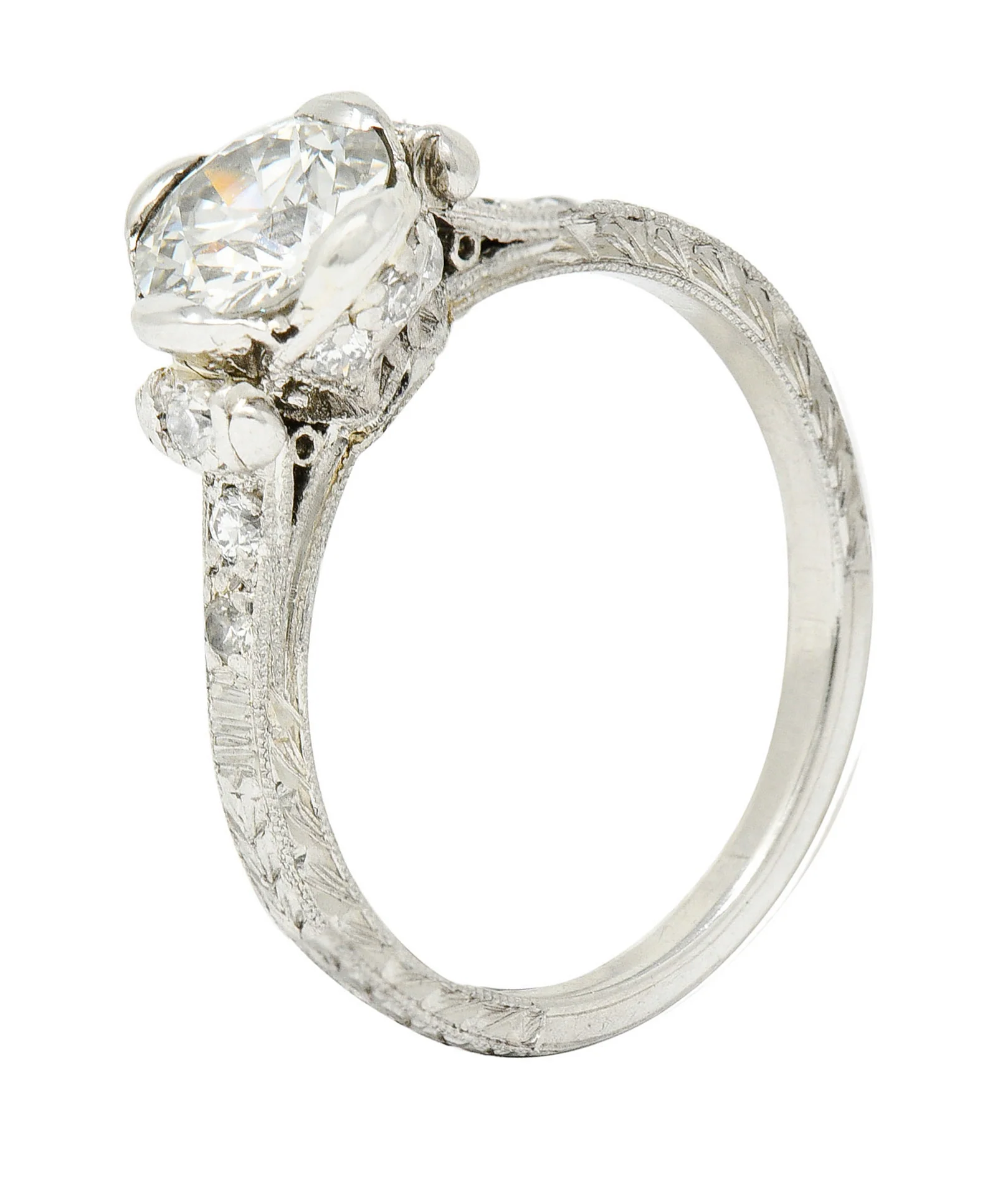 Edwardian 1.11 CTW Diamond Platinum Scrolled Foliate Engagement Ring GIA - Image 11