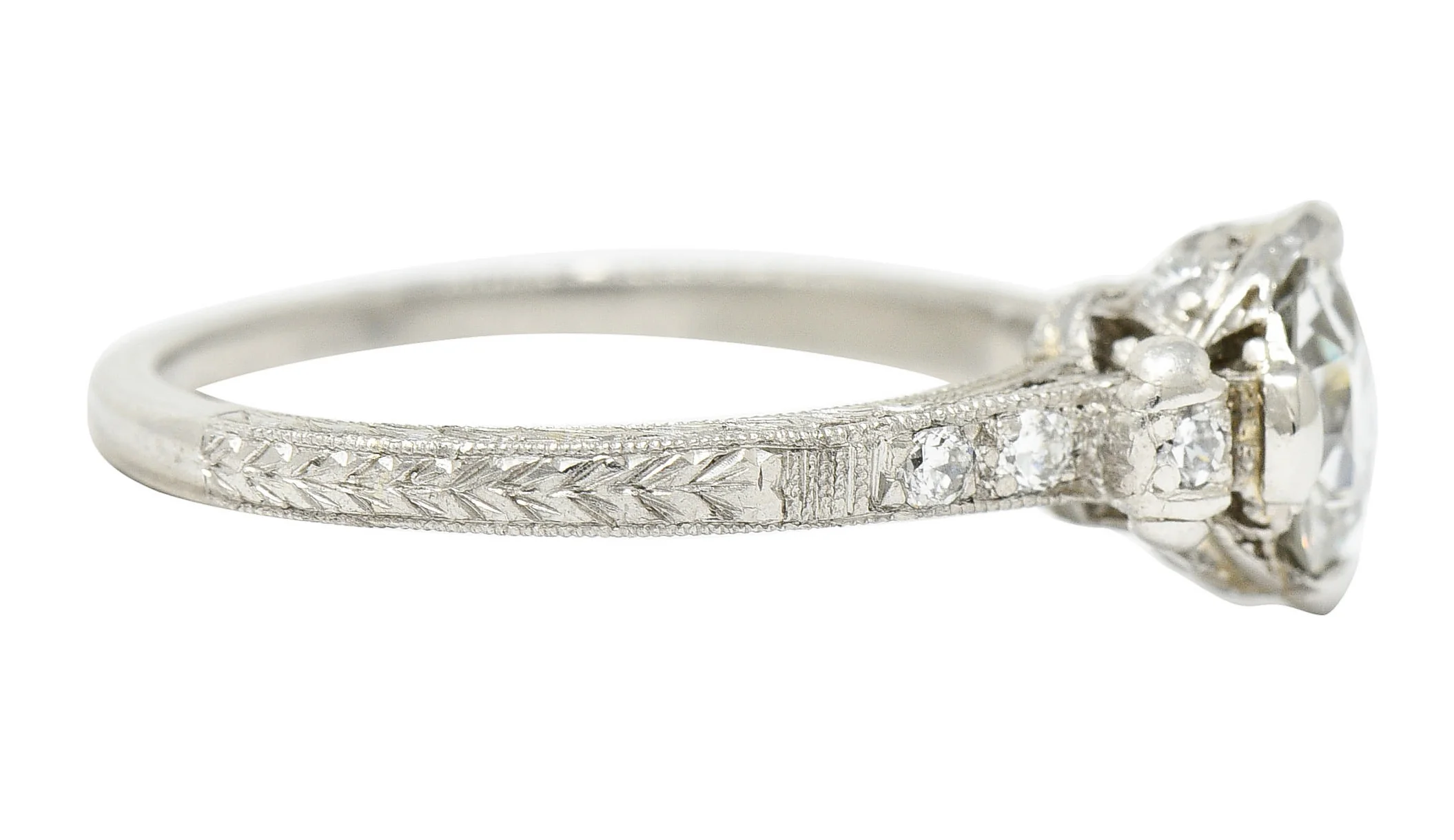 Edwardian 1.11 CTW Diamond Platinum Scrolled Foliate Engagement Ring GIA - Image 4