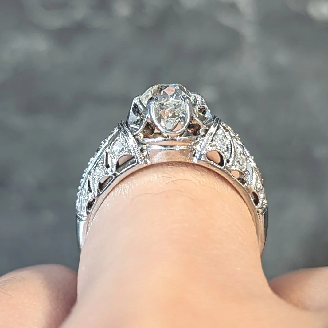 Edwardian 1.16 CTW Old Mine Cut Diamond Platinum Antique Buttercup Engagement Ring - Image 11