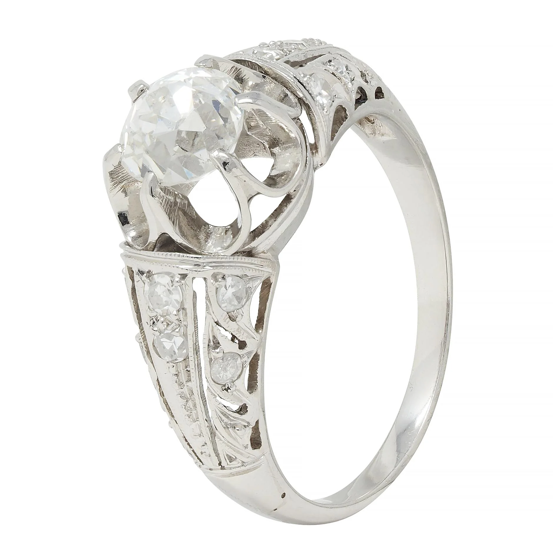 Edwardian 1.16 CTW Old Mine Cut Diamond Platinum Antique Buttercup Engagement Ring - Image 7