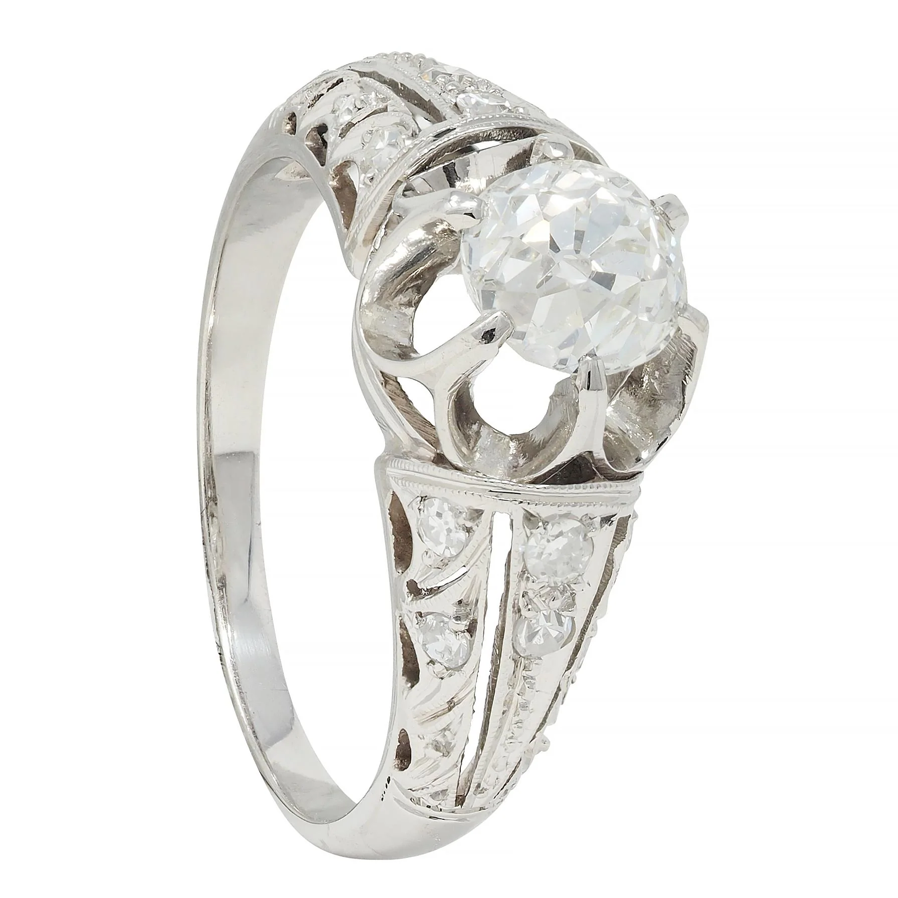 Edwardian 1.16 CTW Old Mine Cut Diamond Platinum Antique Buttercup Engagement Ring - Image 9