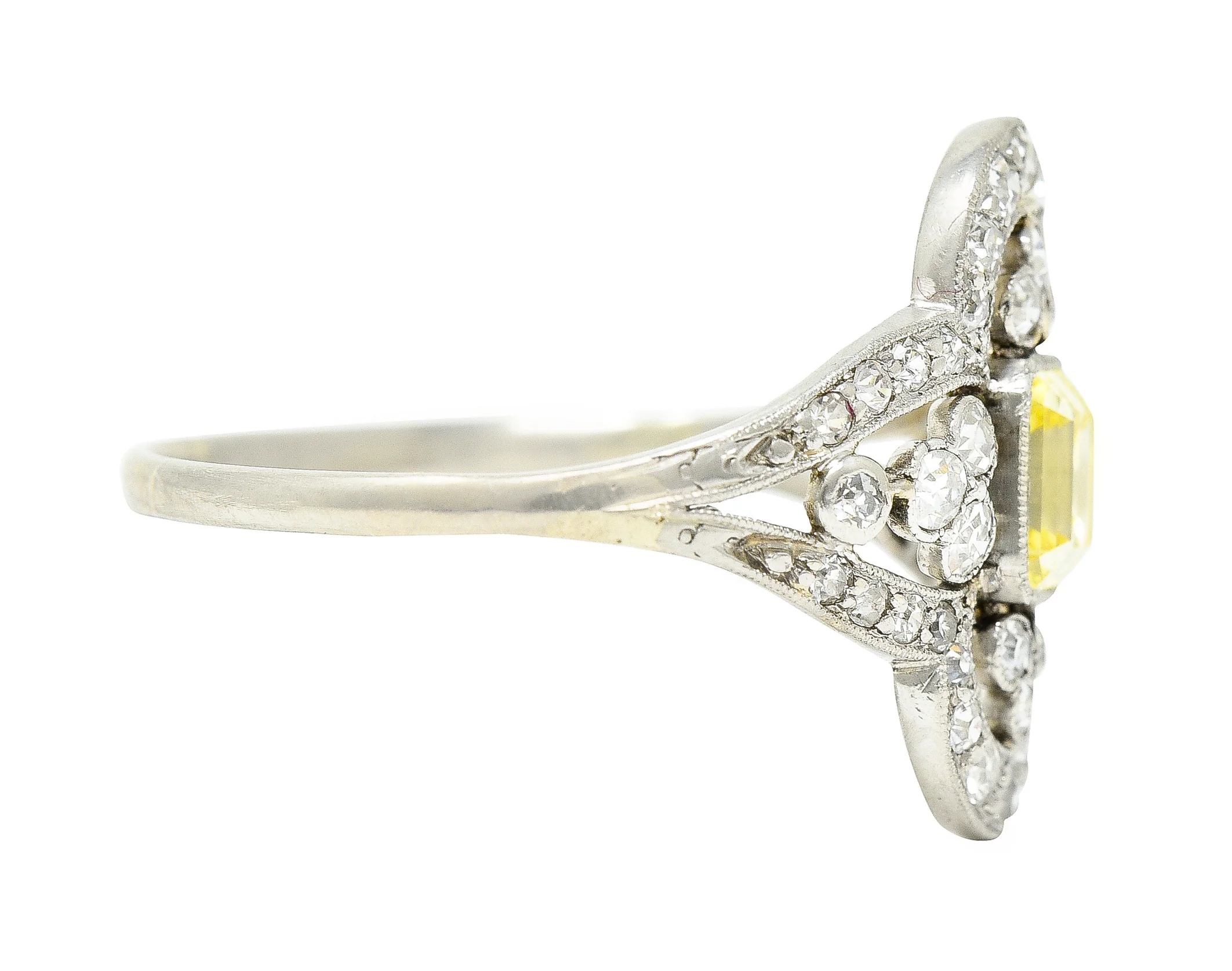 Edwardian 1.17 CTW Emerald Cut Fancy Yellow Diamond Platinum Quatrefoil Antique Dinner Ring - Image 3