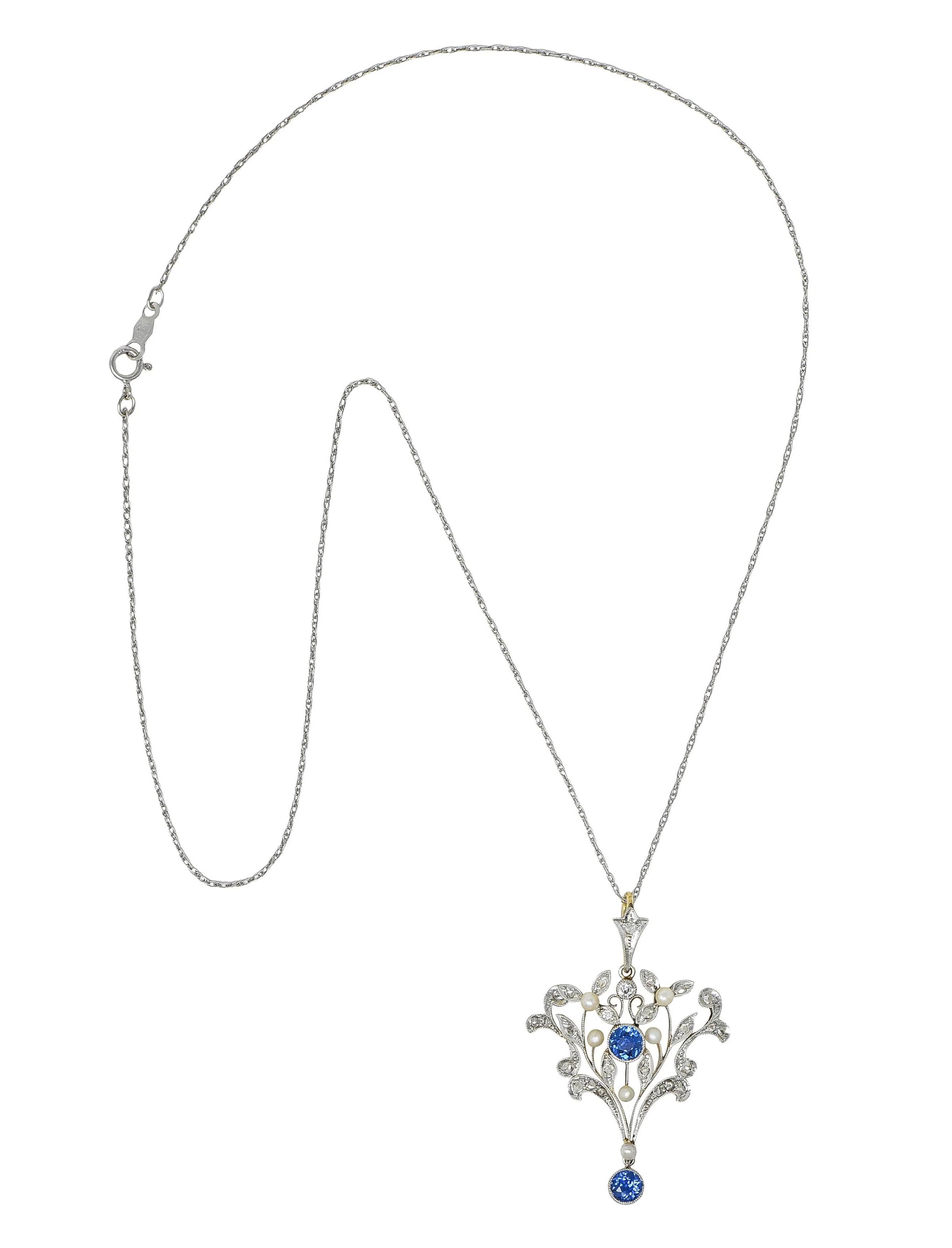 Edwardian 1.17 CTW Sapphire Diamond Platinum 14 Karat Gold Antique Pendant Necklace - Image 3