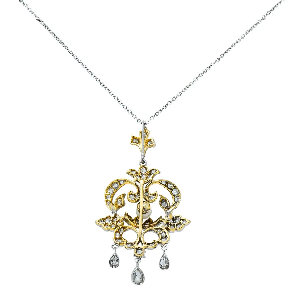 Edwardian 1.20 CTW Diamond Pearl Platinum-Topped 14 Karat Gold Pendant Necklace - Image 7