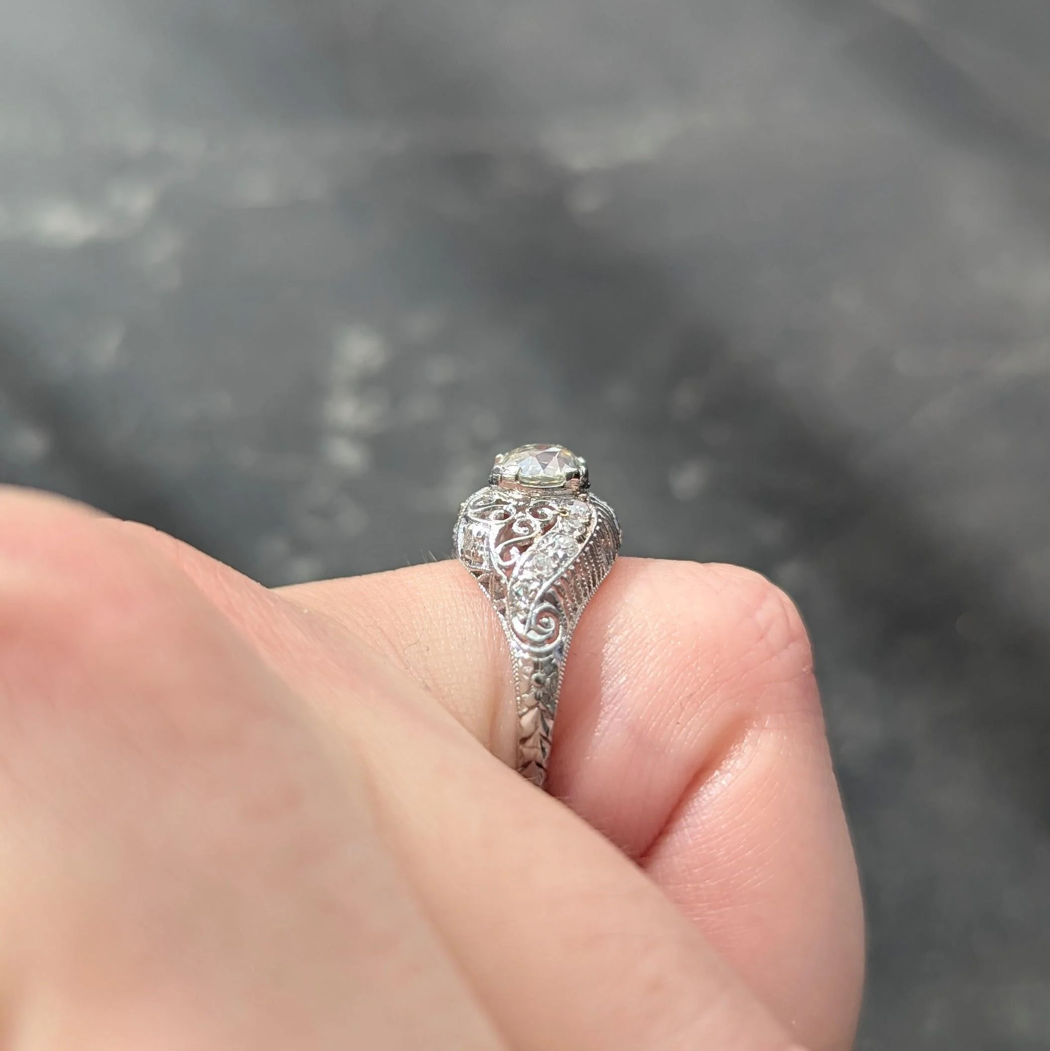 Edwardian 1.25 CTW Old Mine Diamond Platinum Scrolled Filigree Engagement Ring GIA - Image 11