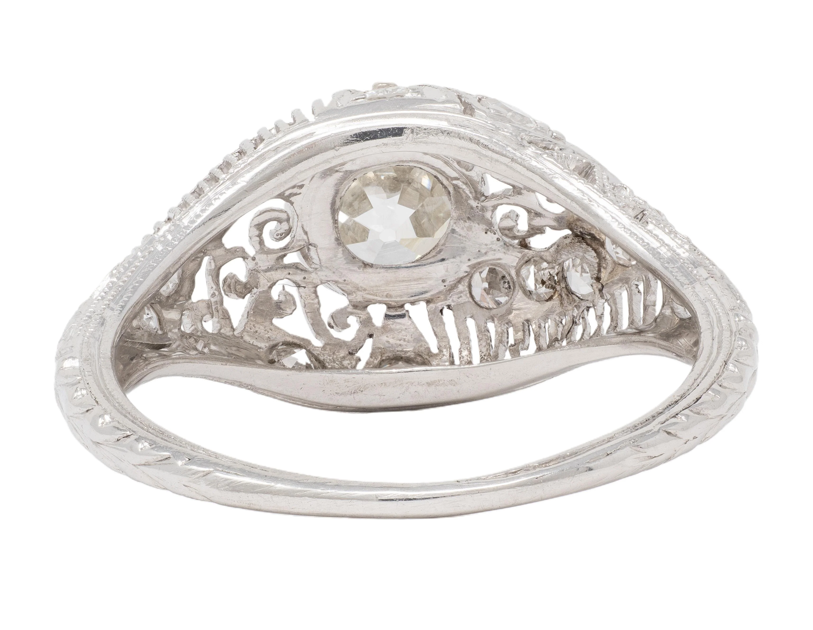 Edwardian 1.25 CTW Old Mine Diamond Platinum Scrolled Filigree Engagement Ring GIA - Image 3