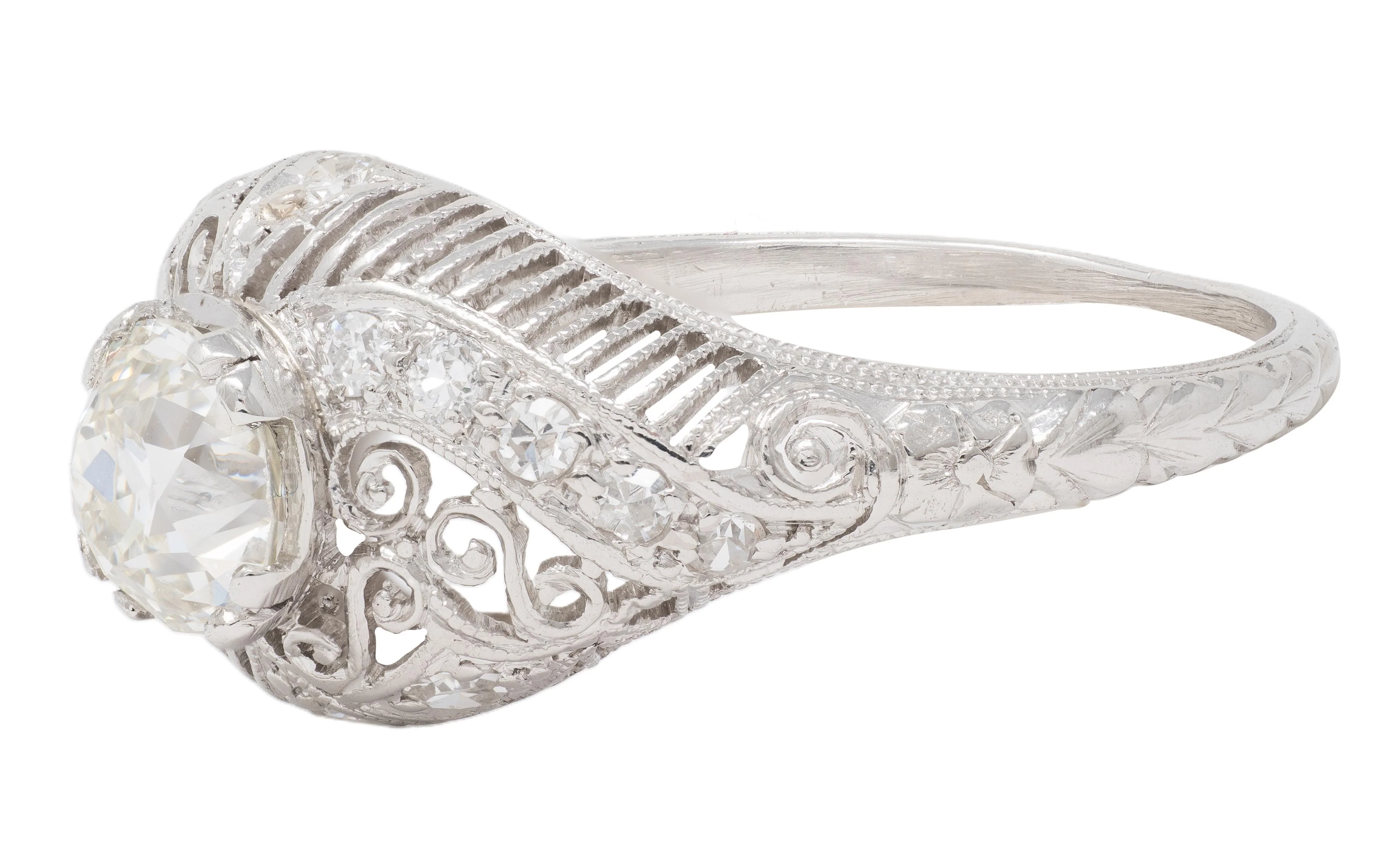 Edwardian 1.25 CTW Old Mine Diamond Platinum Scrolled Filigree Engagement Ring GIA - Image 4
