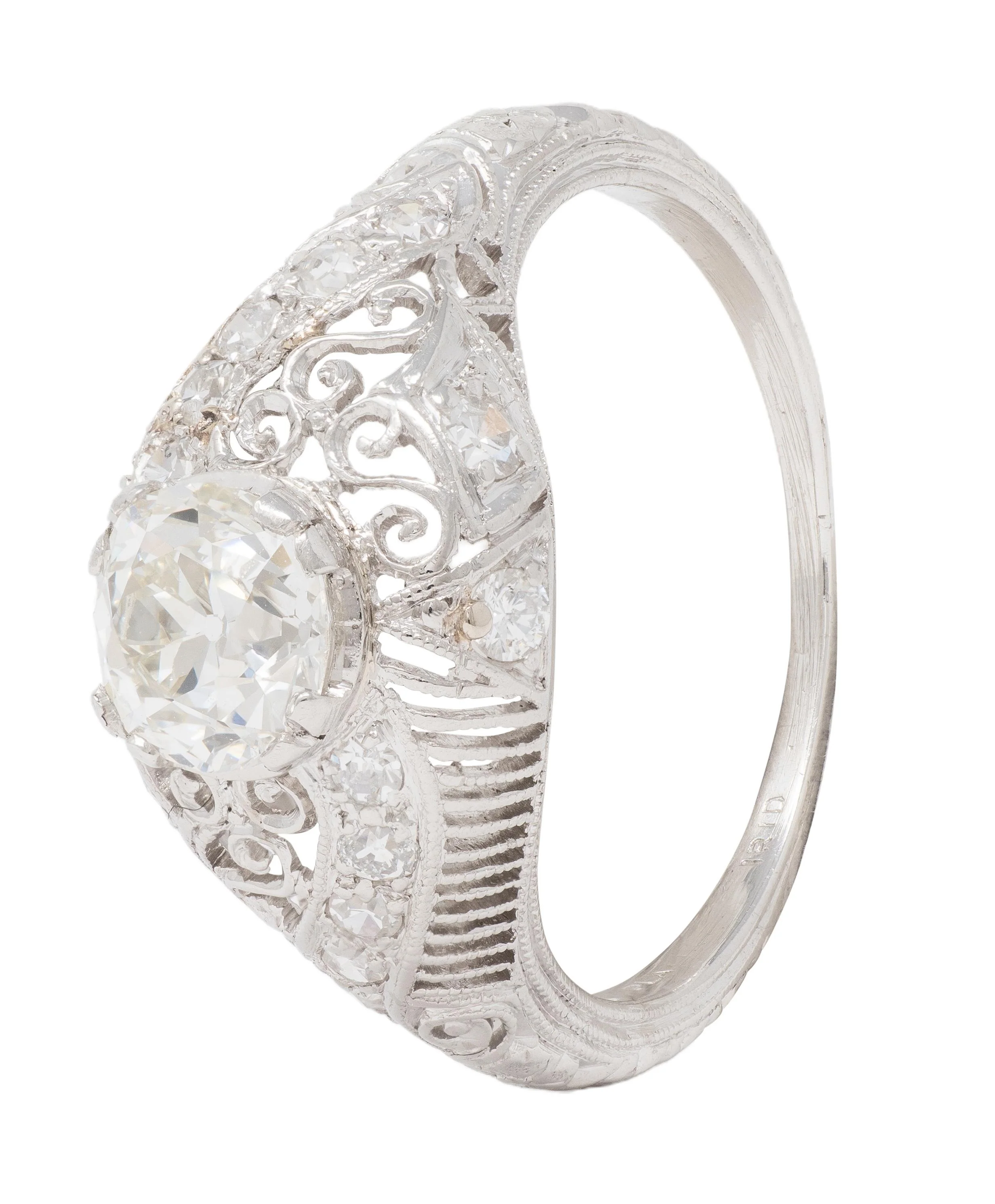 Edwardian 1.25 CTW Old Mine Diamond Platinum Scrolled Filigree Engagement Ring GIA - Image 6