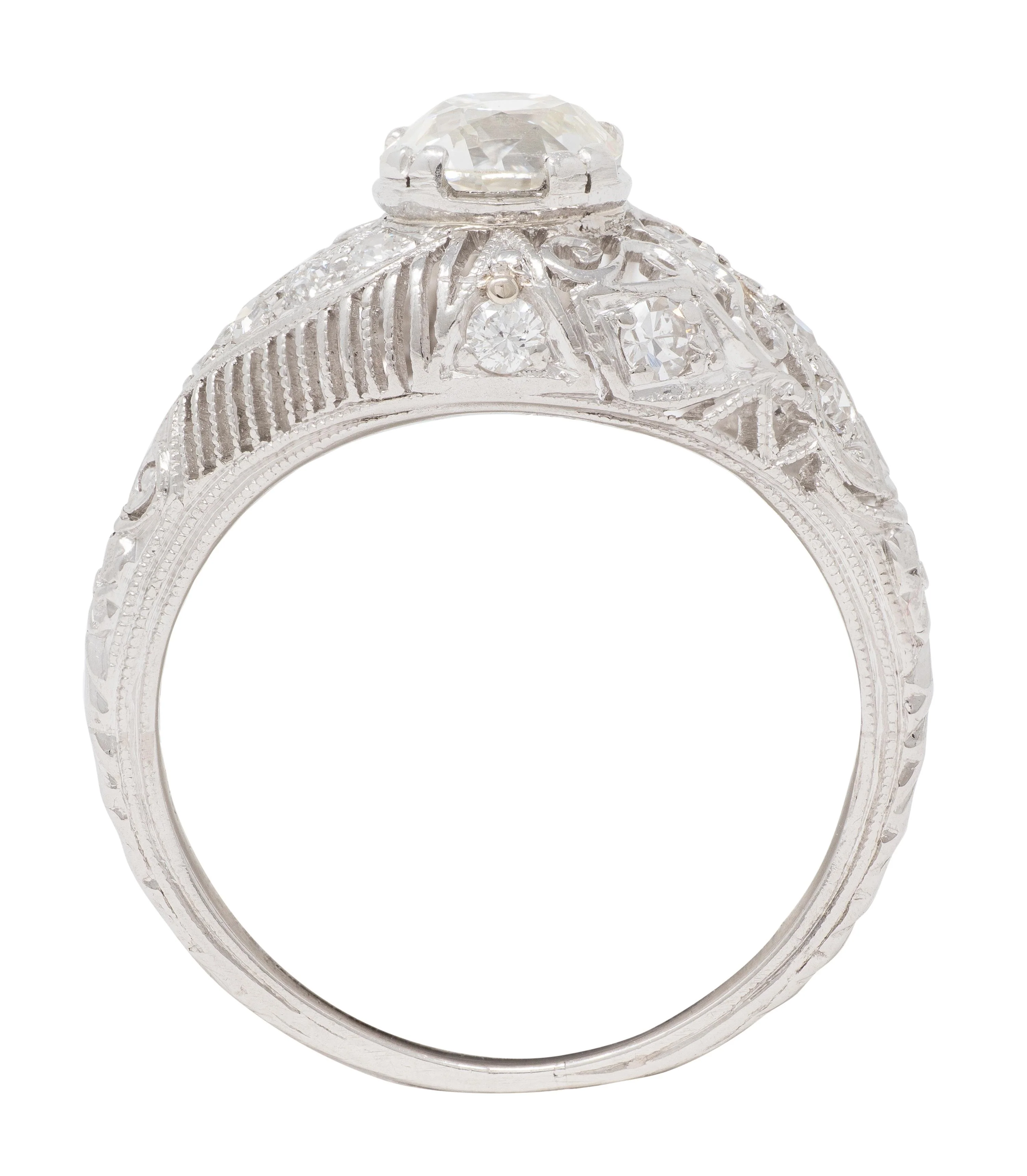 Edwardian 1.25 CTW Old Mine Diamond Platinum Scrolled Filigree Engagement Ring GIA - Image 7