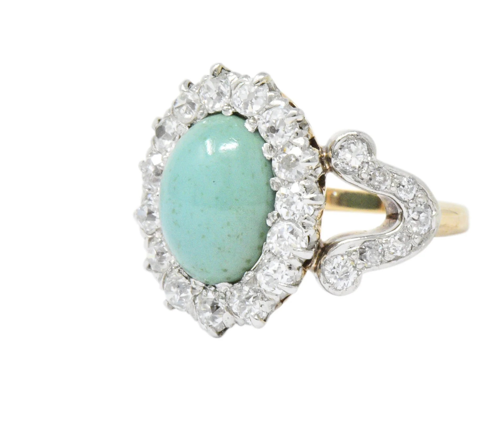 Edwardian 1.26 CTW Diamond Turquoise Platinum-Topped 14 Karat Gold Ring - Image 2