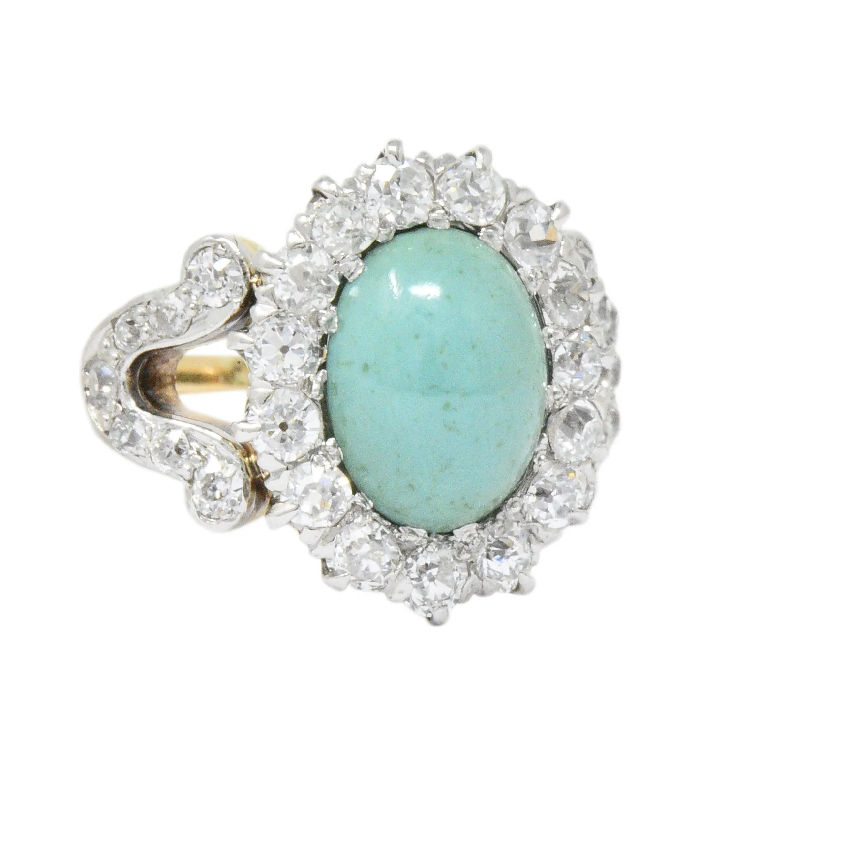 Edwardian 1.26 CTW Diamond Turquoise Platinum-Topped 14 Karat Gold Ring - Image 3
