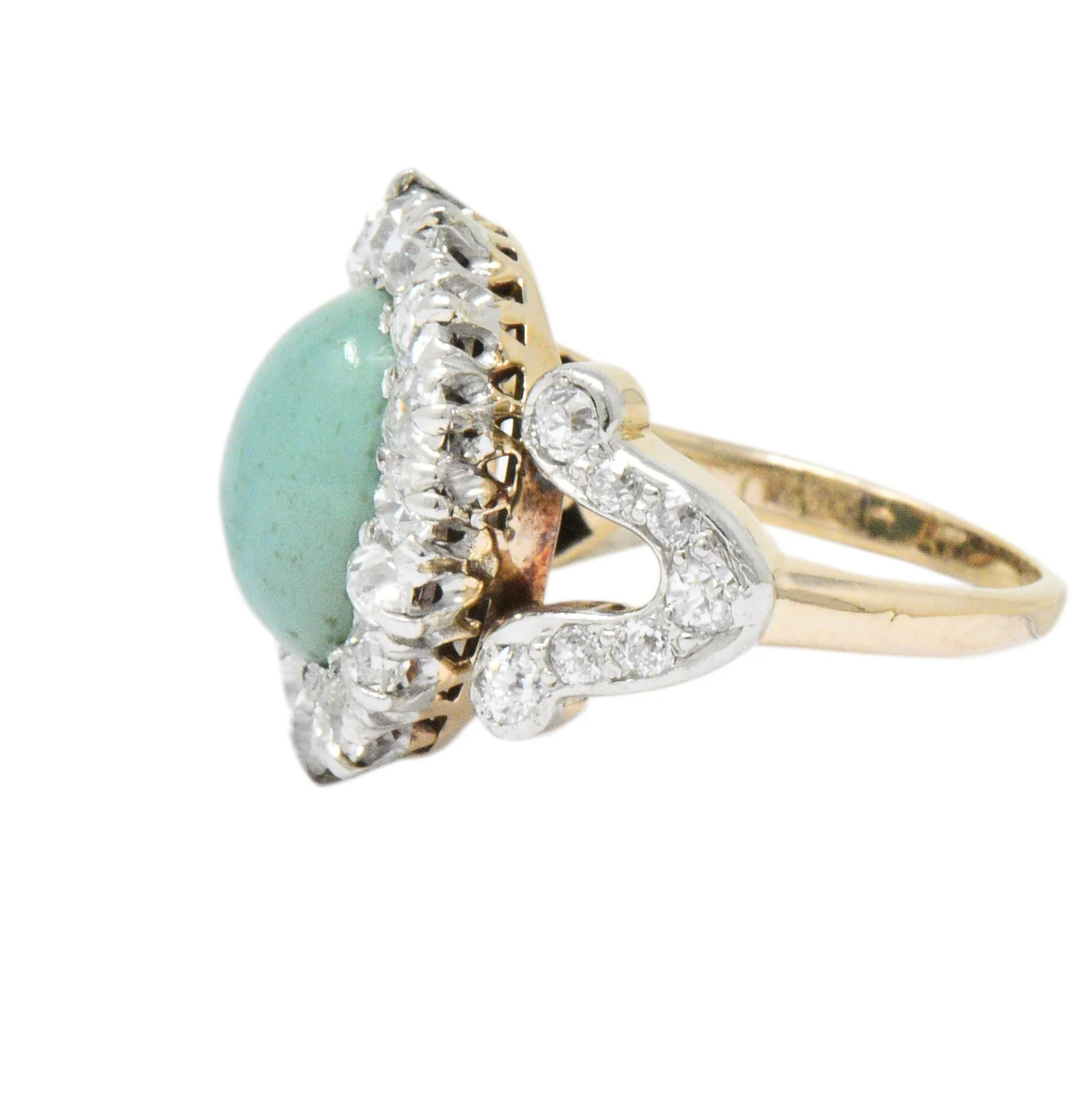 Edwardian 1.26 CTW Diamond Turquoise Platinum-Topped 14 Karat Gold Ring - Image 4