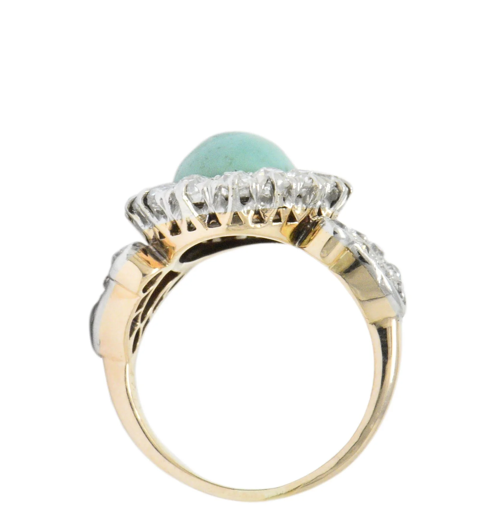 Edwardian 1.26 CTW Diamond Turquoise Platinum-Topped 14 Karat Gold Ring - Image 6