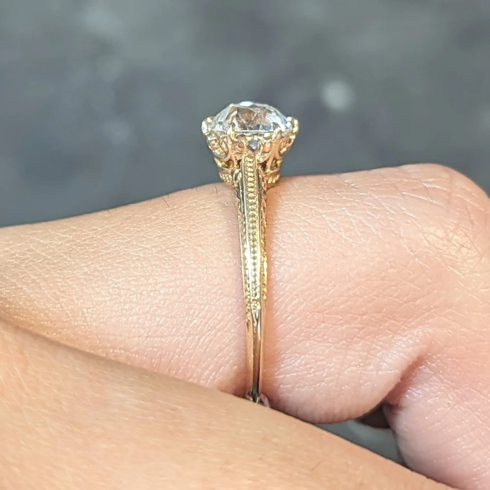 Edwardian 1.26 CTW Old European Diamond 14 Karat Gold Fleur-De-Lis Antique Engagement Ring - Image 14