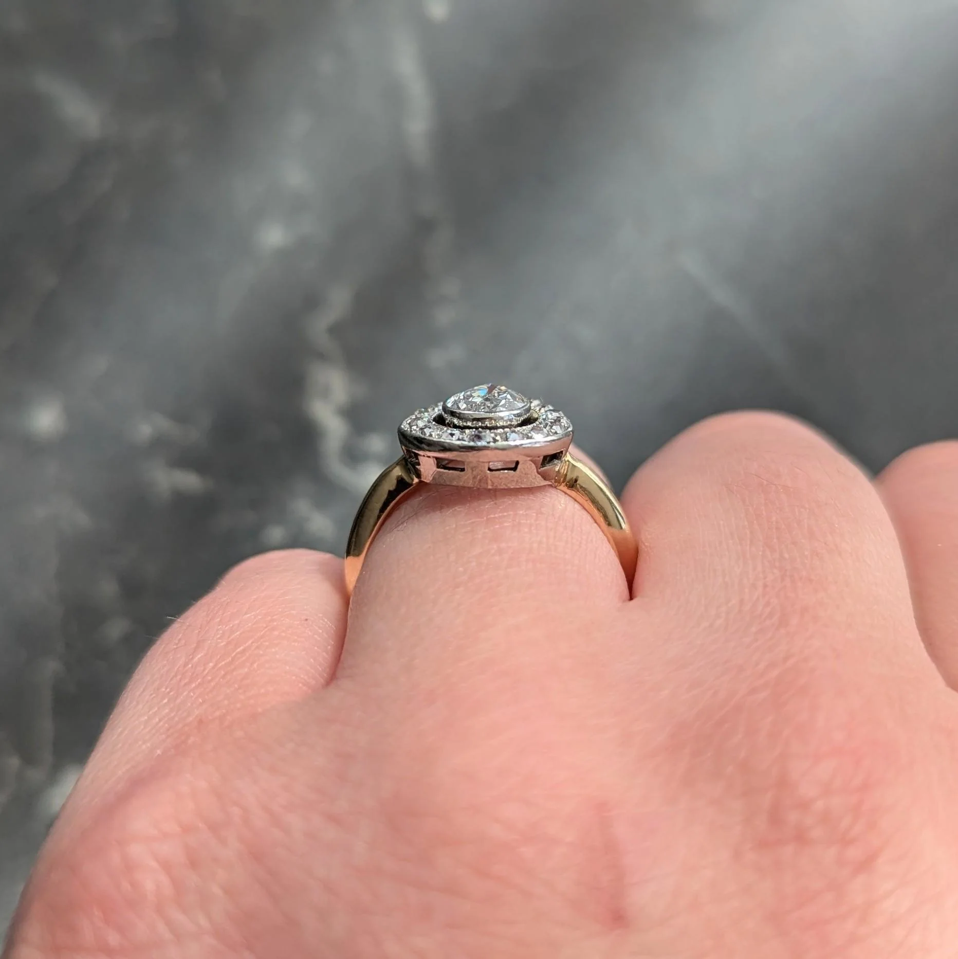 Edwardian 1.27 CTW Pear Cut Diamond Platinum 14 Karat Yellow Gold Antique Floating Halo Ring - Image 11