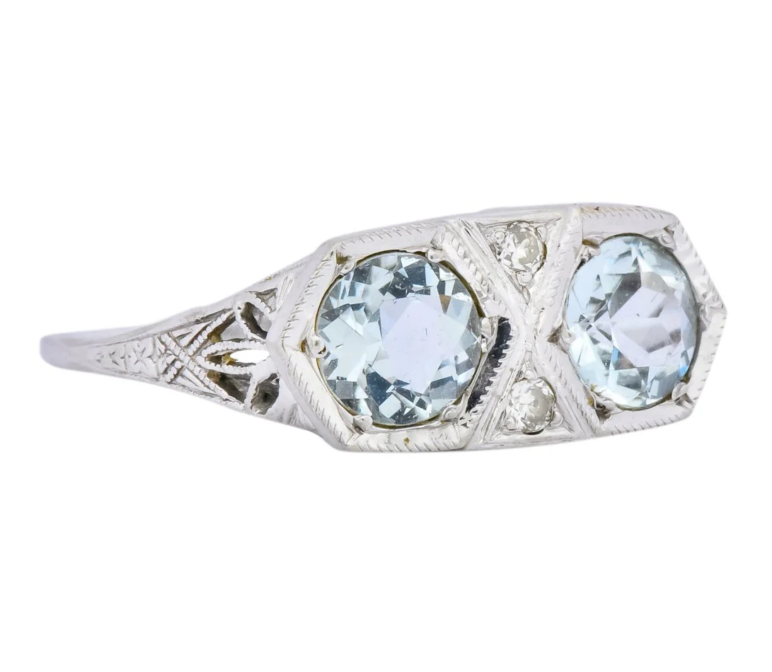 Edwardian 1.30 CTW Aquamarine Diamond Platinum Dinner Ring - Image 2