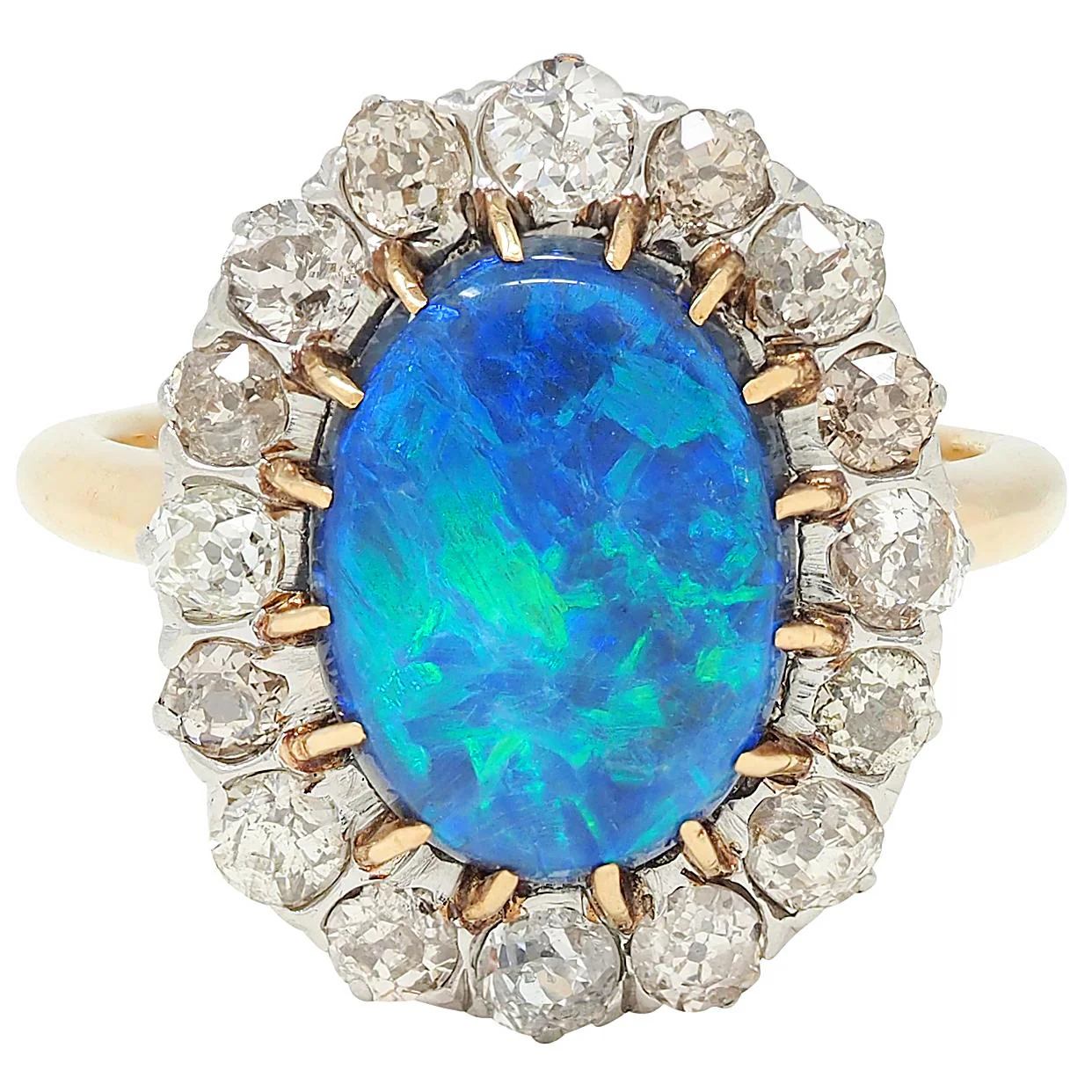 Edwardian 1.36 CTW Diamond Black Opal Platinum 14 Karat Yellow Gold Antique Halo Ring