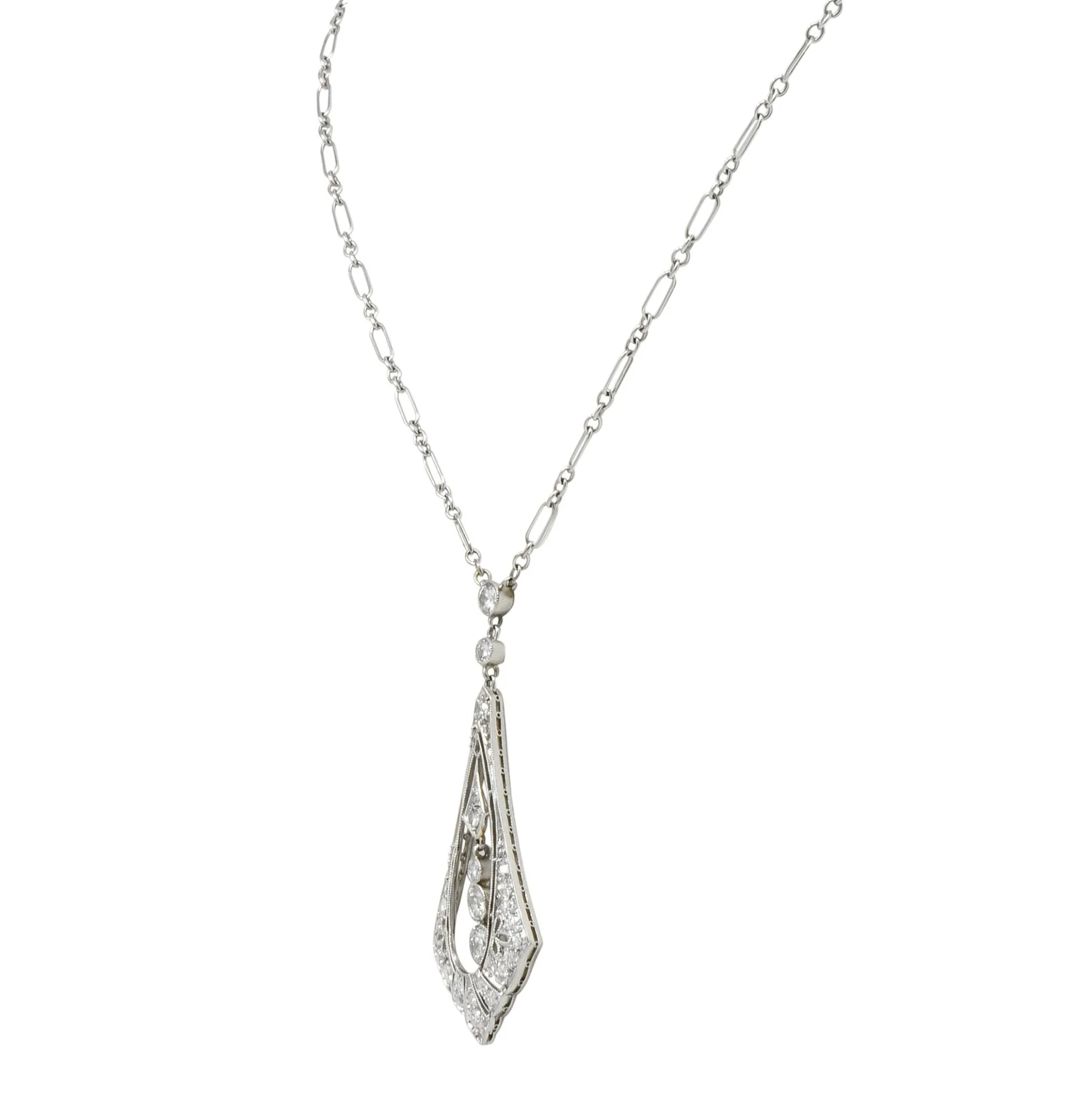 Edwardian 1.40 CTW Diamond Platinum 14 Karat White Gold Drop Necklace Binder Bros. - Image 3