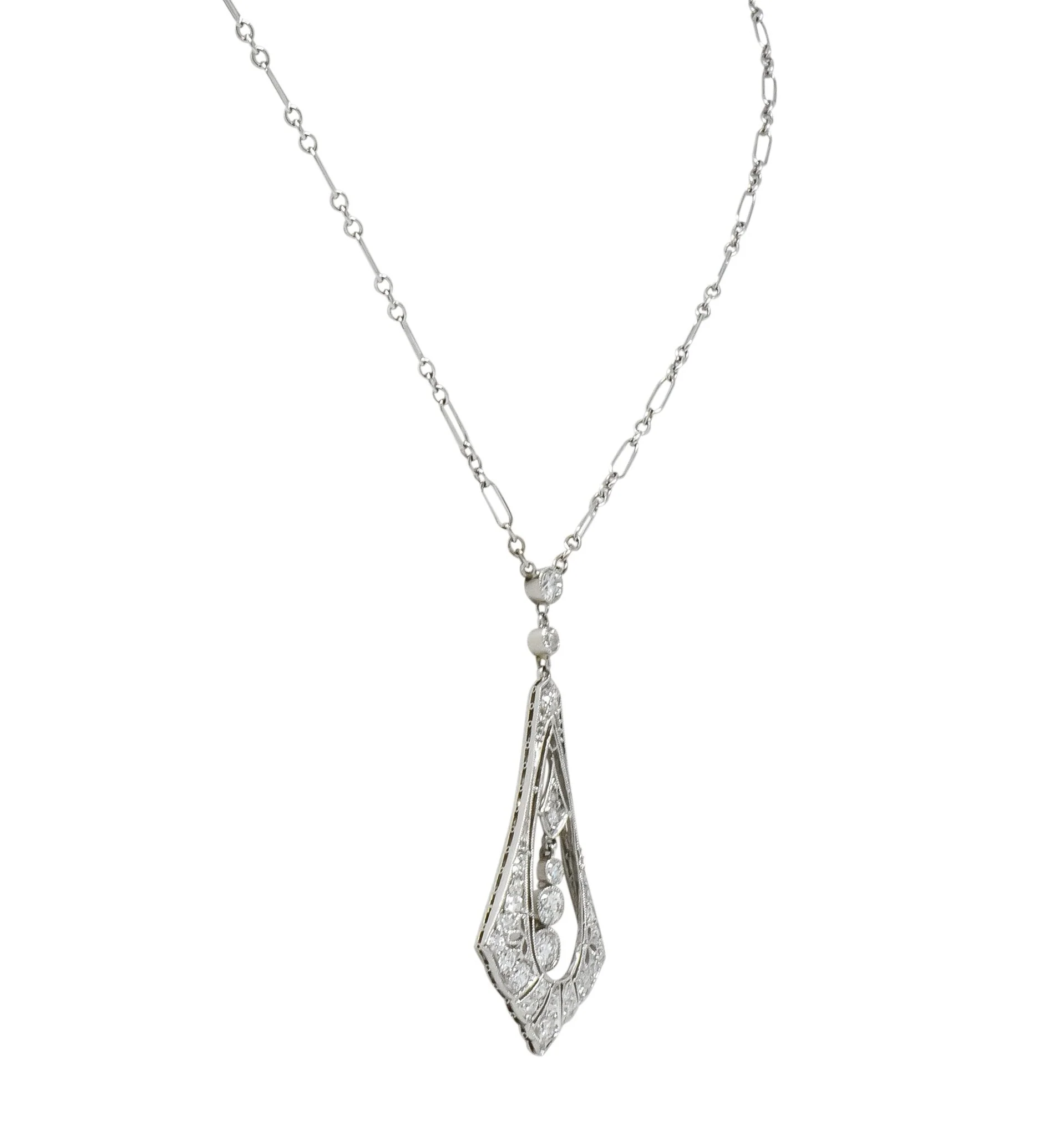 Edwardian 1.40 CTW Diamond Platinum 14 Karat White Gold Drop Necklace Binder Bros. - Image 4