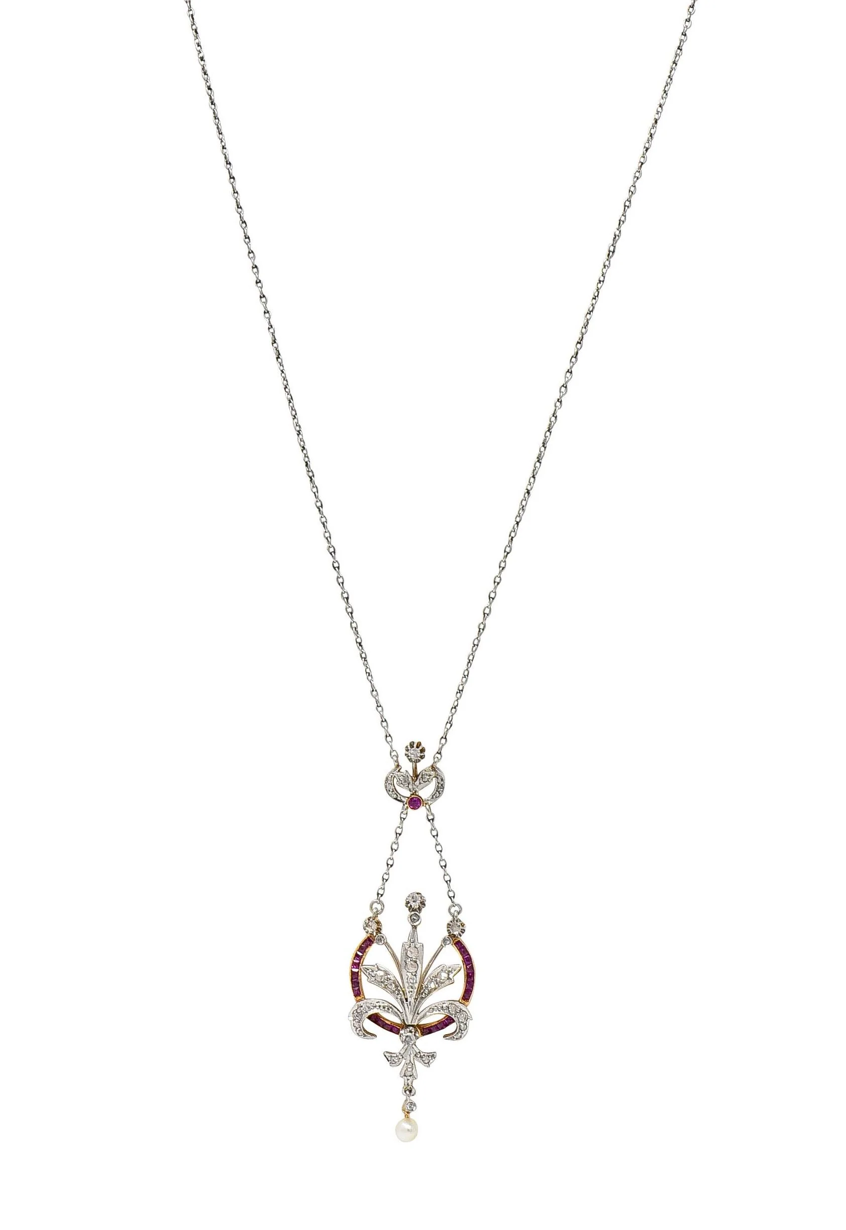 Edwardian 1.40 CTW Diamond Ruby Pearl Platinum 18 Karat Gold Antique Bouquet Necklace - Image 11