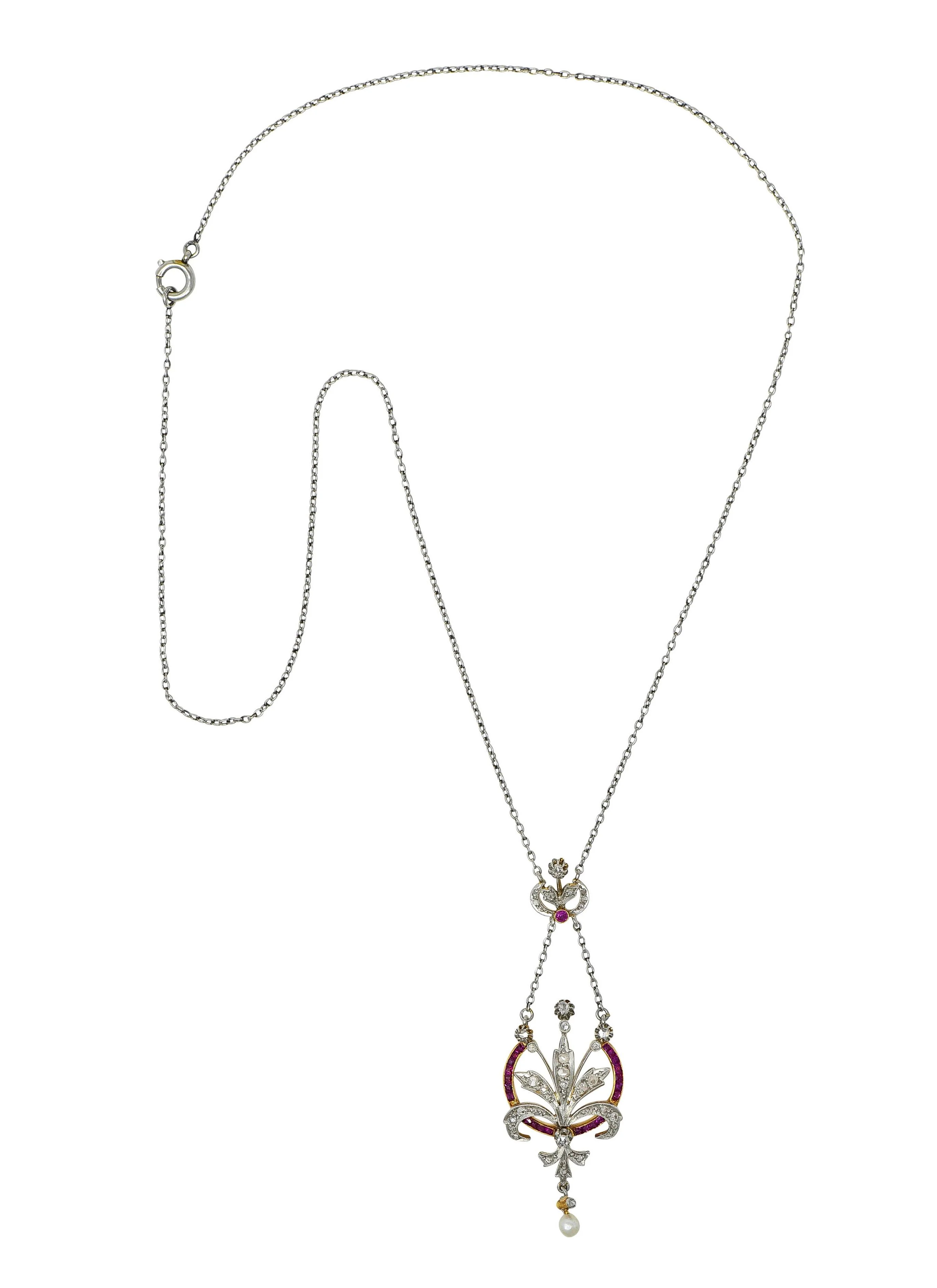 Edwardian 1.40 CTW Diamond Ruby Pearl Platinum 18 Karat Gold Antique Bouquet Necklace - Image 3