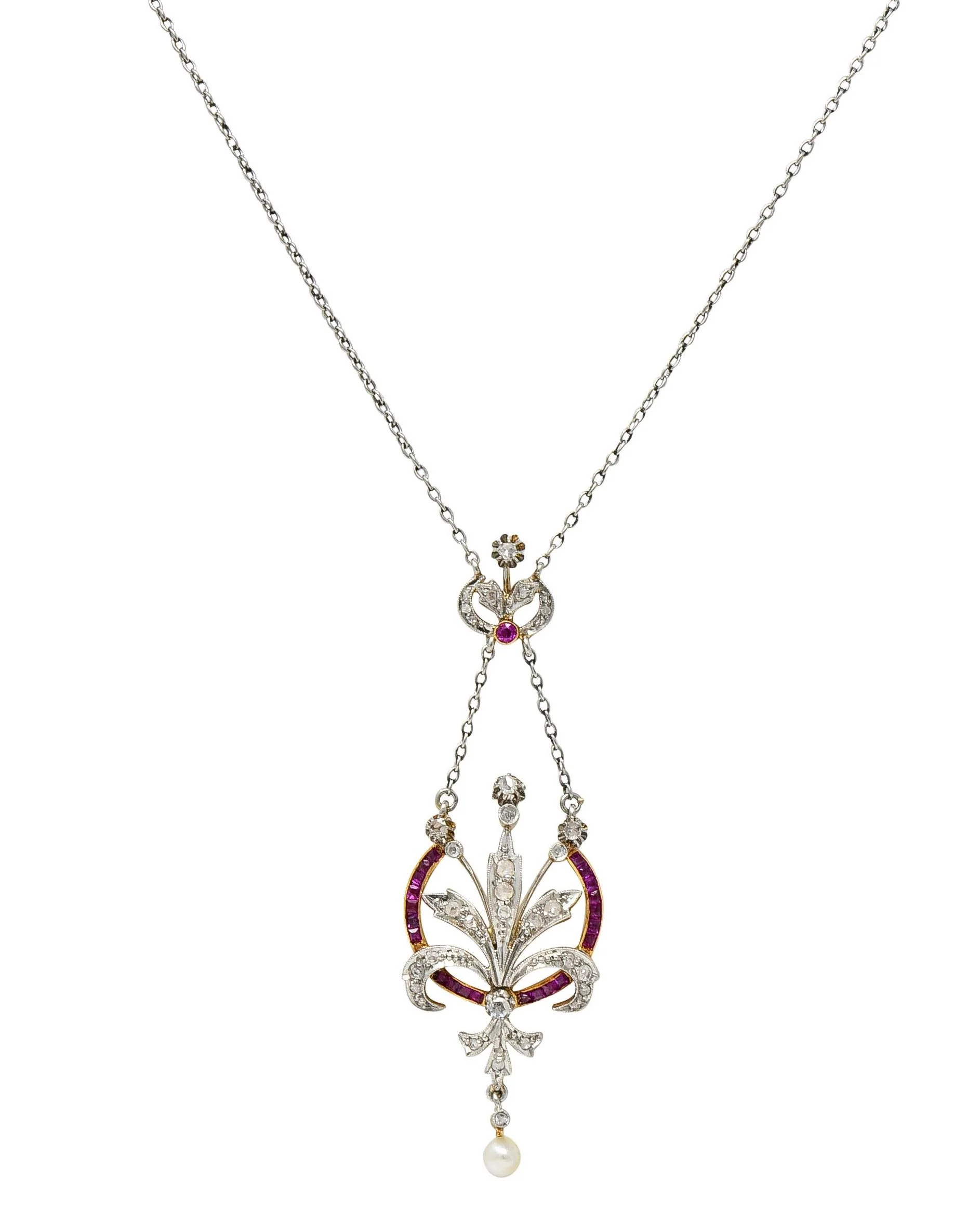 Edwardian 1.40 CTW Diamond Ruby Pearl Platinum 18 Karat Gold Antique Bouquet Necklace - Image 4