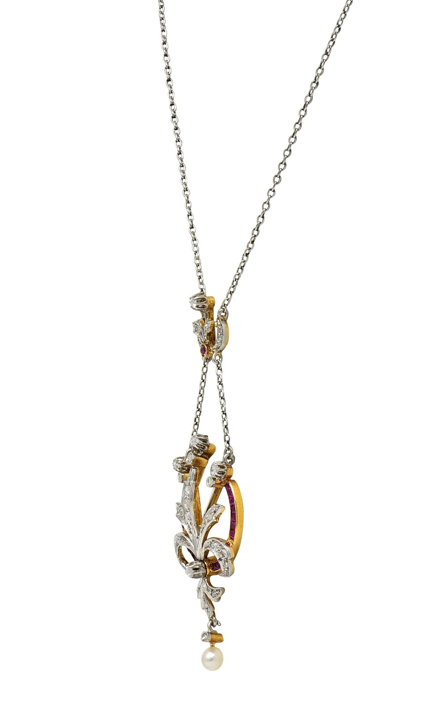Edwardian 1.40 CTW Diamond Ruby Pearl Platinum 18 Karat Gold Antique Bouquet Necklace - Image 5