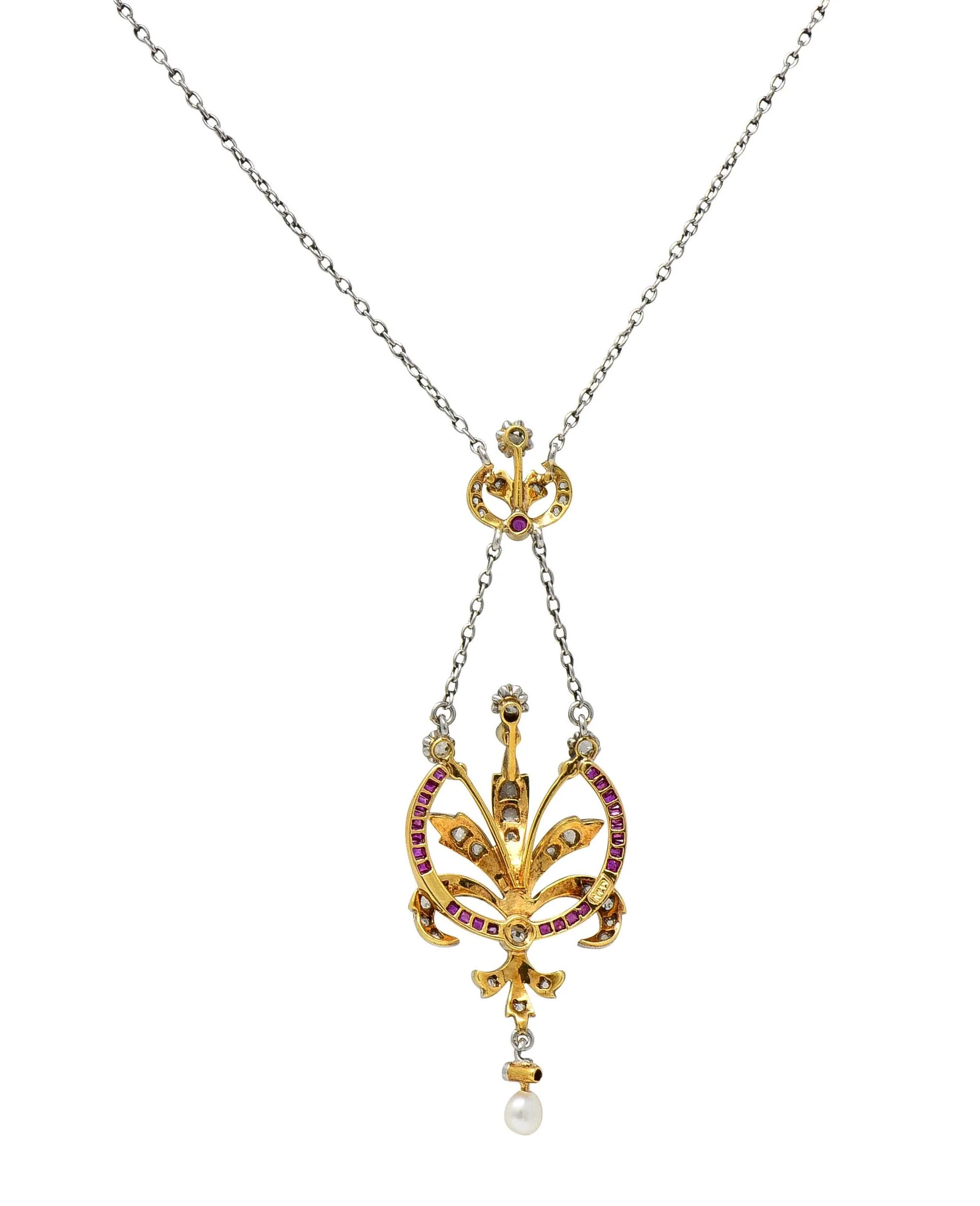Edwardian 1.40 CTW Diamond Ruby Pearl Platinum 18 Karat Gold Antique Bouquet Necklace - Image 6
