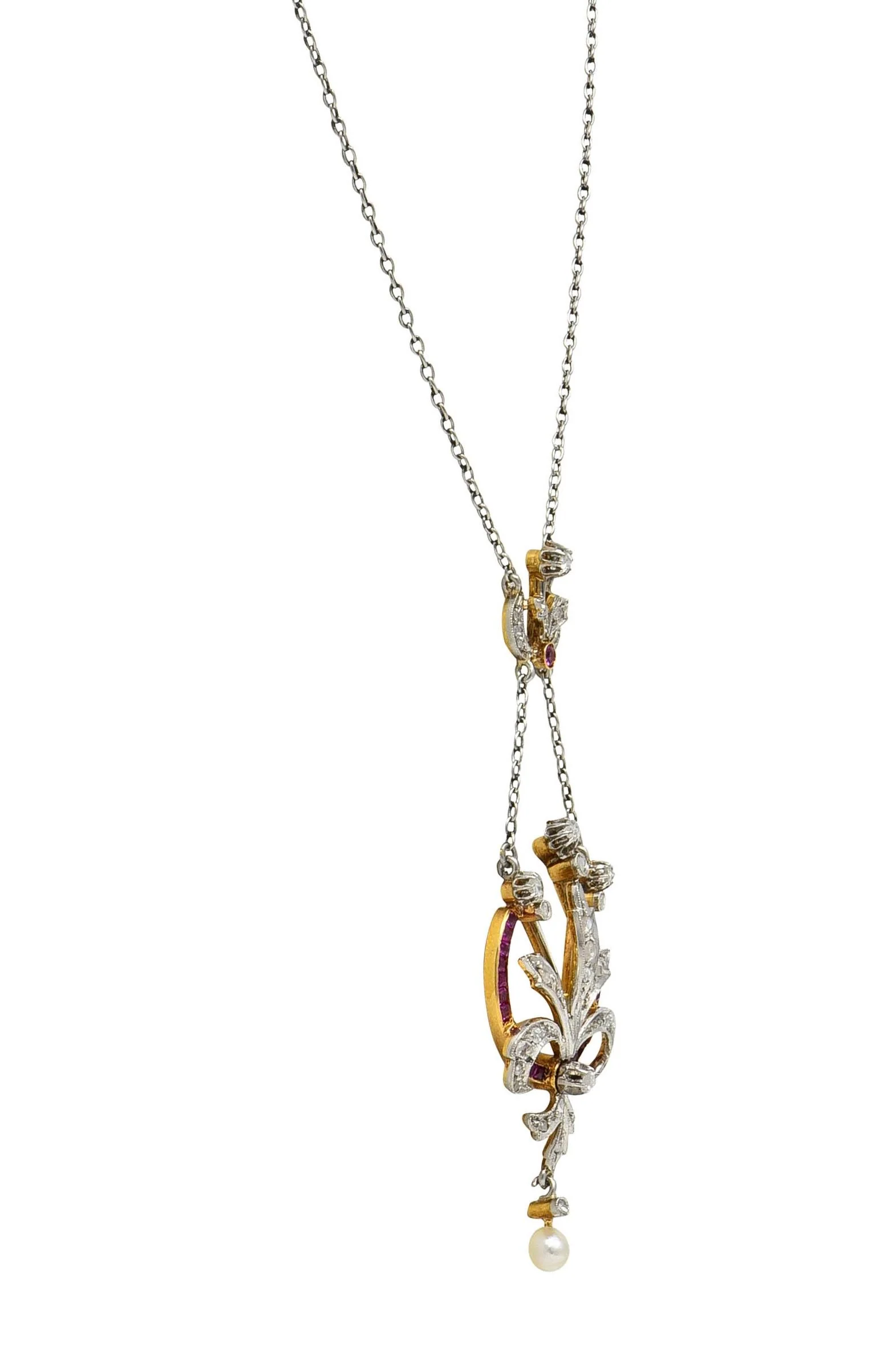 Edwardian 1.40 CTW Diamond Ruby Pearl Platinum 18 Karat Gold Antique Bouquet Necklace - Image 7