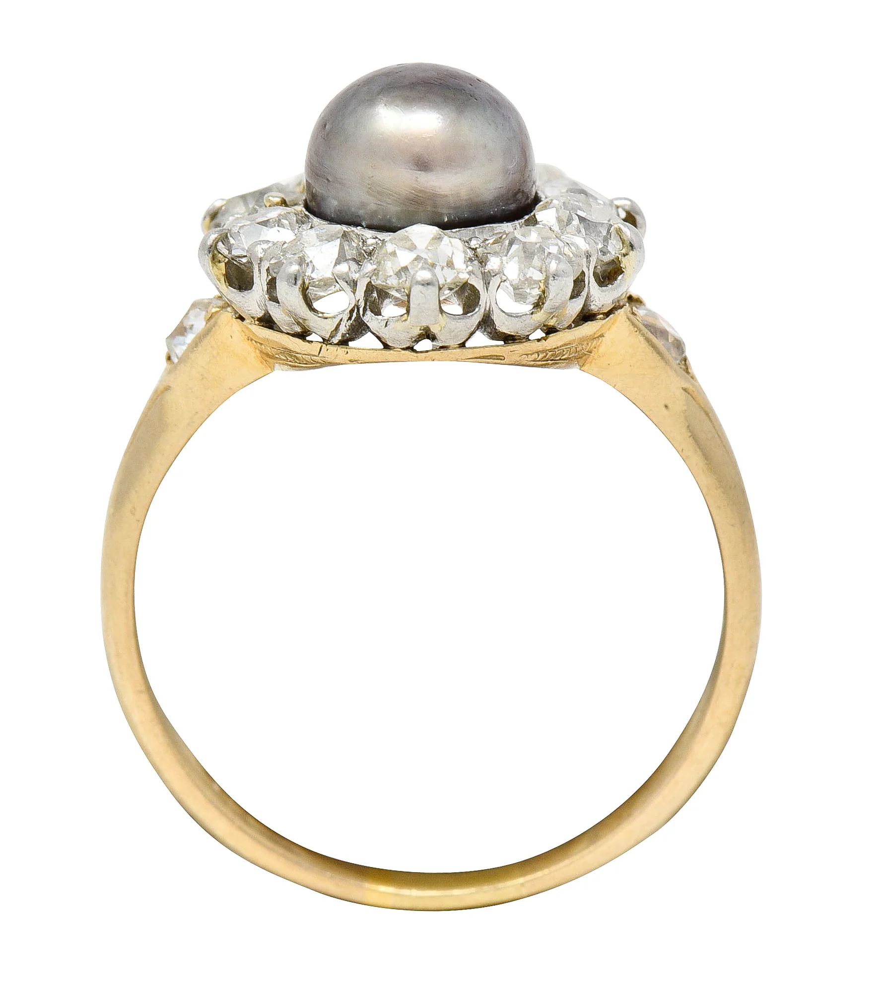 Edwardian 1.40 CTW Old Mine Cut Diamond Natural Pearl Platinum-Topped 14 Karat Yellow Gold Antique Cluster Ring - Image 8