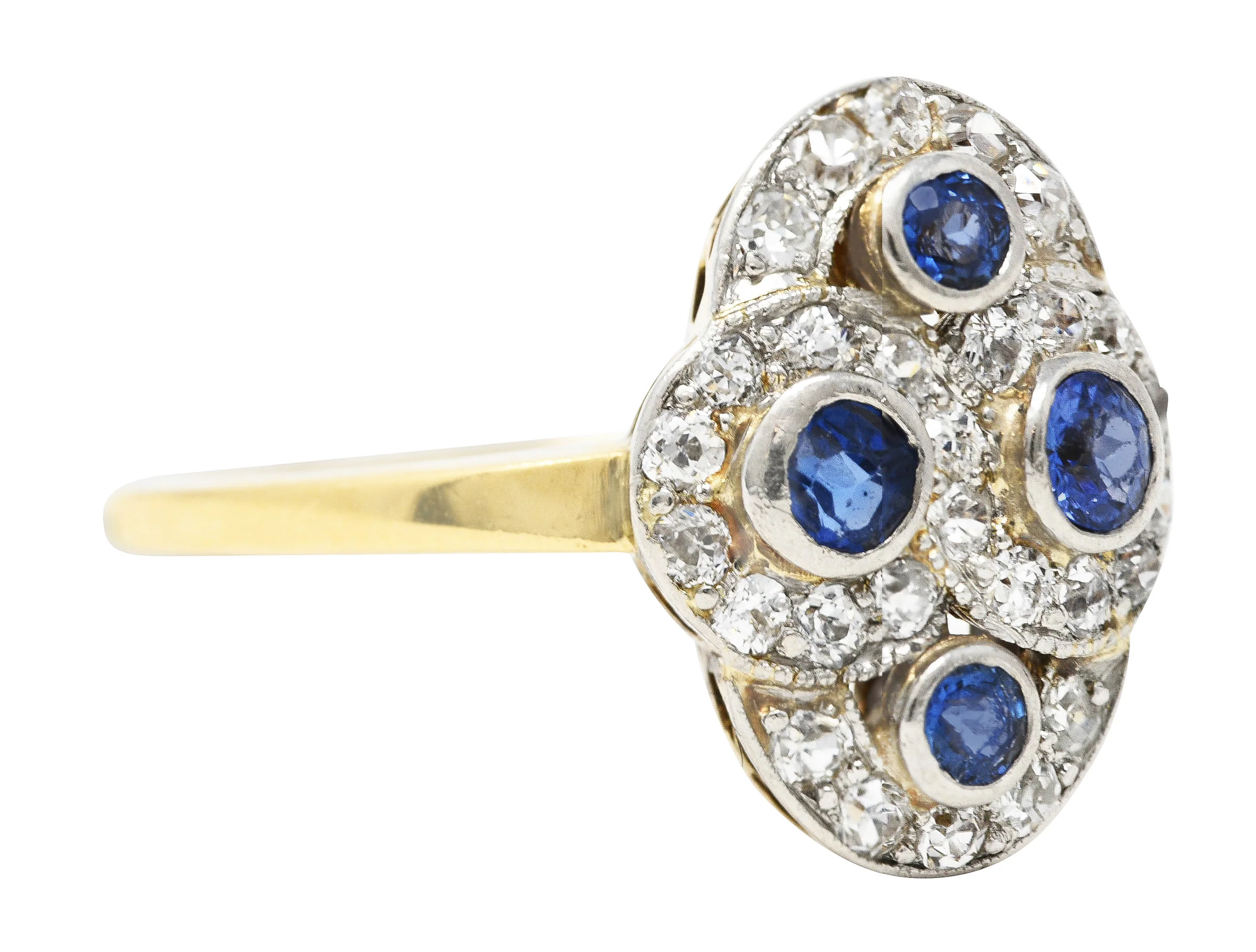 Edwardian 1.40 CTW Sapphire Diamond Platinum-Topped 14 Karat Yellow Gold Antique Quatrefoil Dinner Ring - Image 2