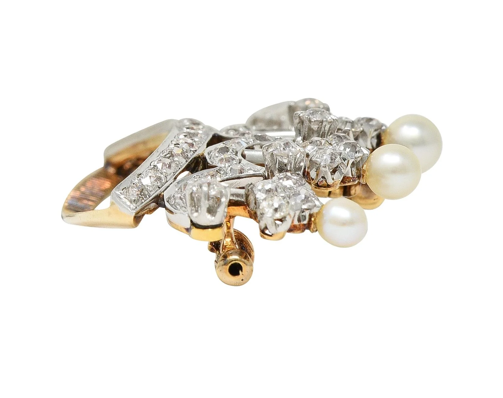 Edwardian 1.45 CTW Diamond Pearl Platinum 14 Karat Gold Crown Pendant Brooch - Image 10