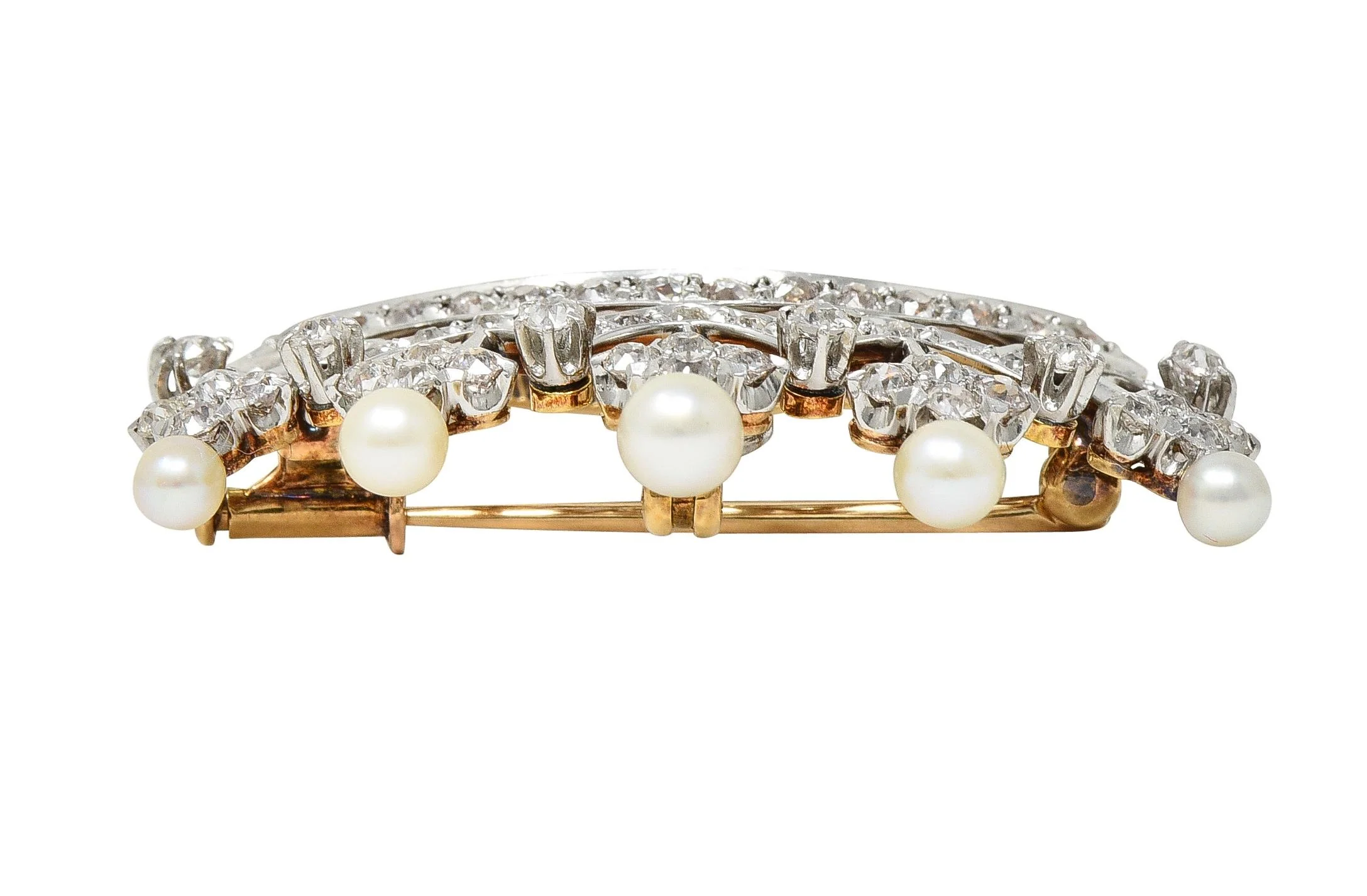Edwardian 1.45 CTW Diamond Pearl Platinum 14 Karat Gold Crown Pendant Brooch - Image 11
