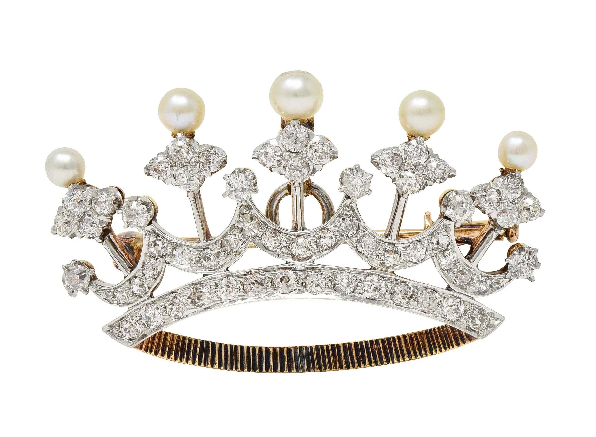 Edwardian 1.45 CTW Diamond Pearl Platinum 14 Karat Gold Crown Pendant Brooch - Image 2