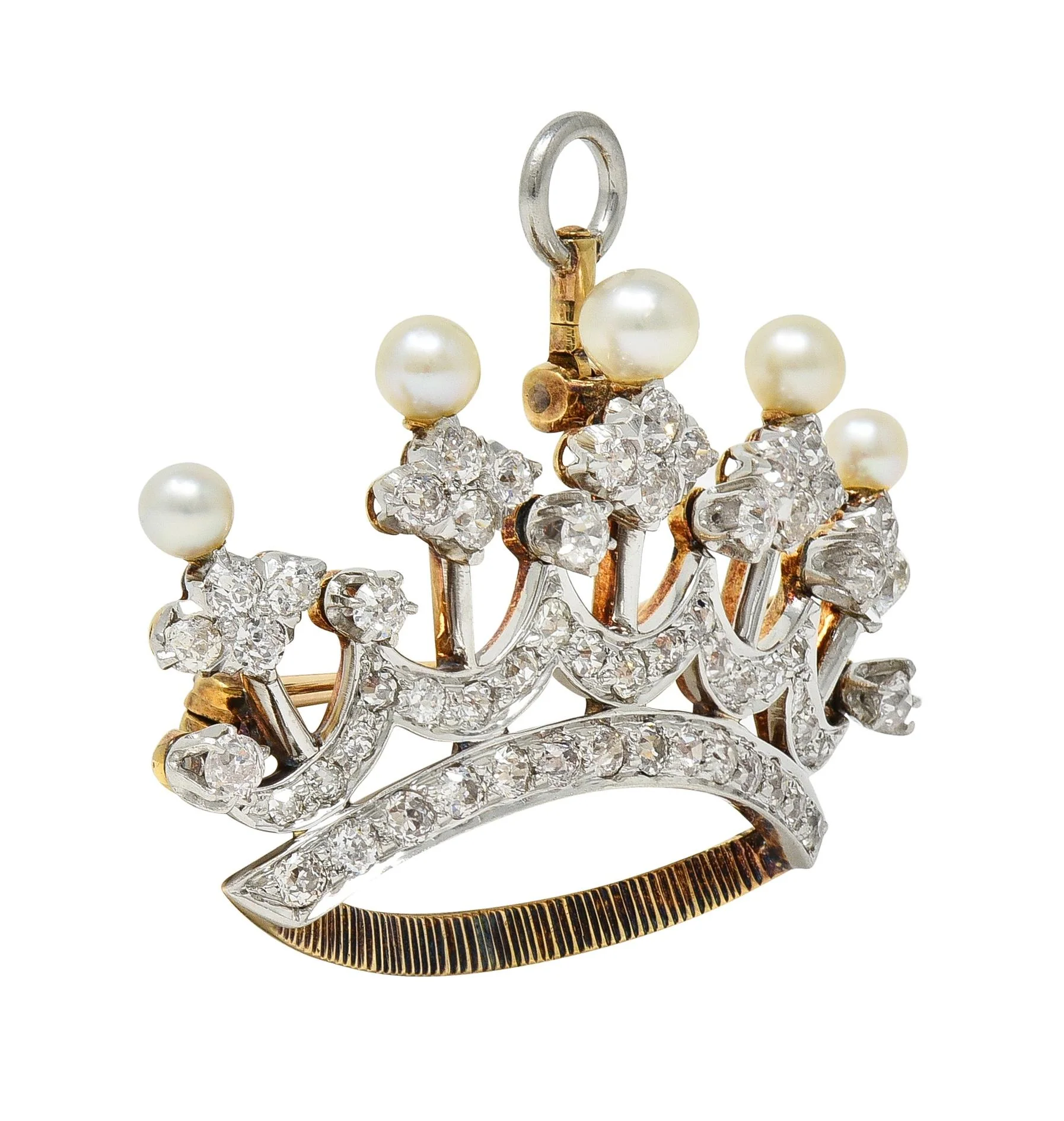 Edwardian 1.45 CTW Diamond Pearl Platinum 14 Karat Gold Crown Pendant Brooch - Image 6