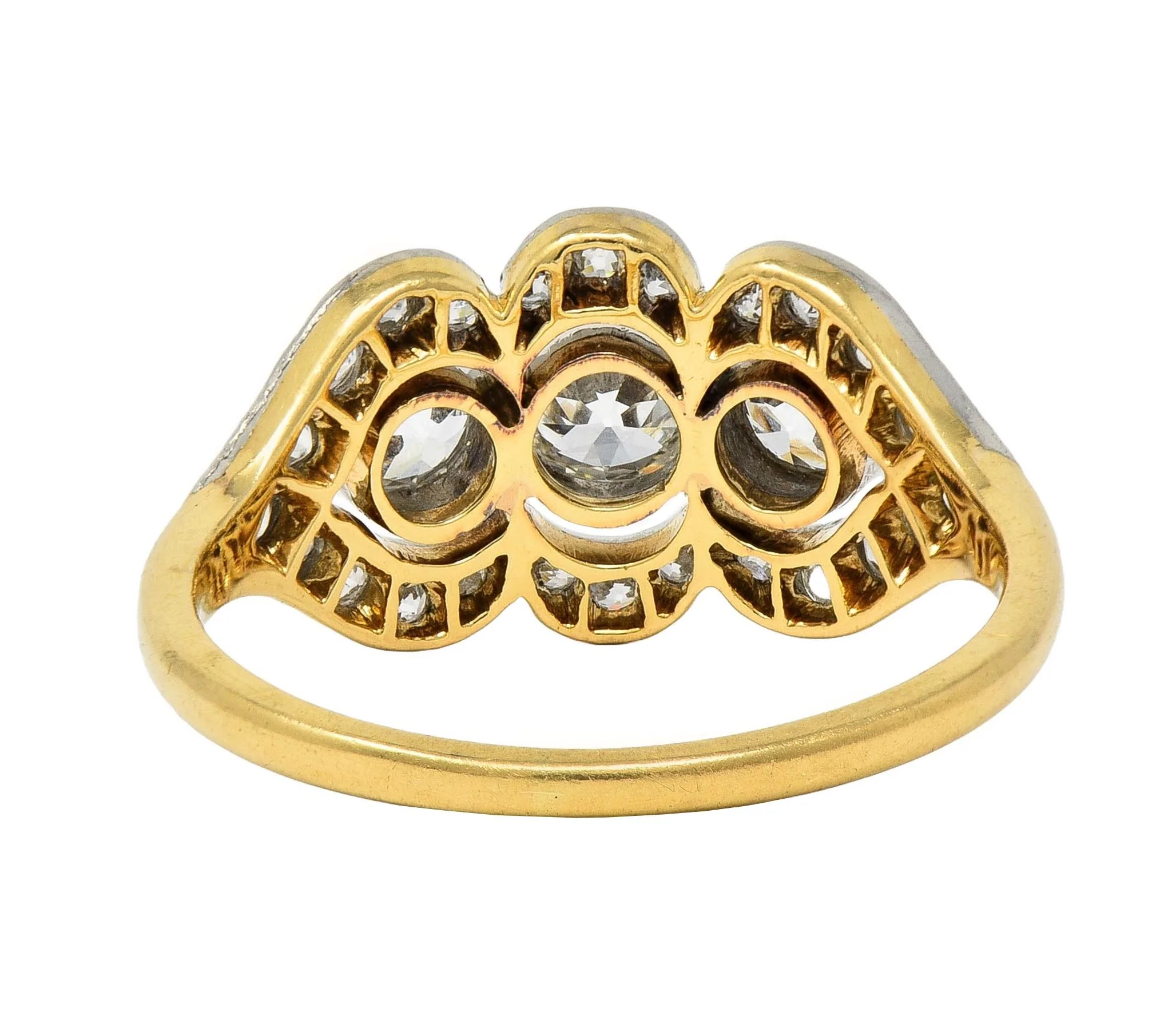 Edwardian 1.45 CTW Diamond Platinum 14 Karat Yellow Gold Antique Three Stone Dinner Ring - Image 4