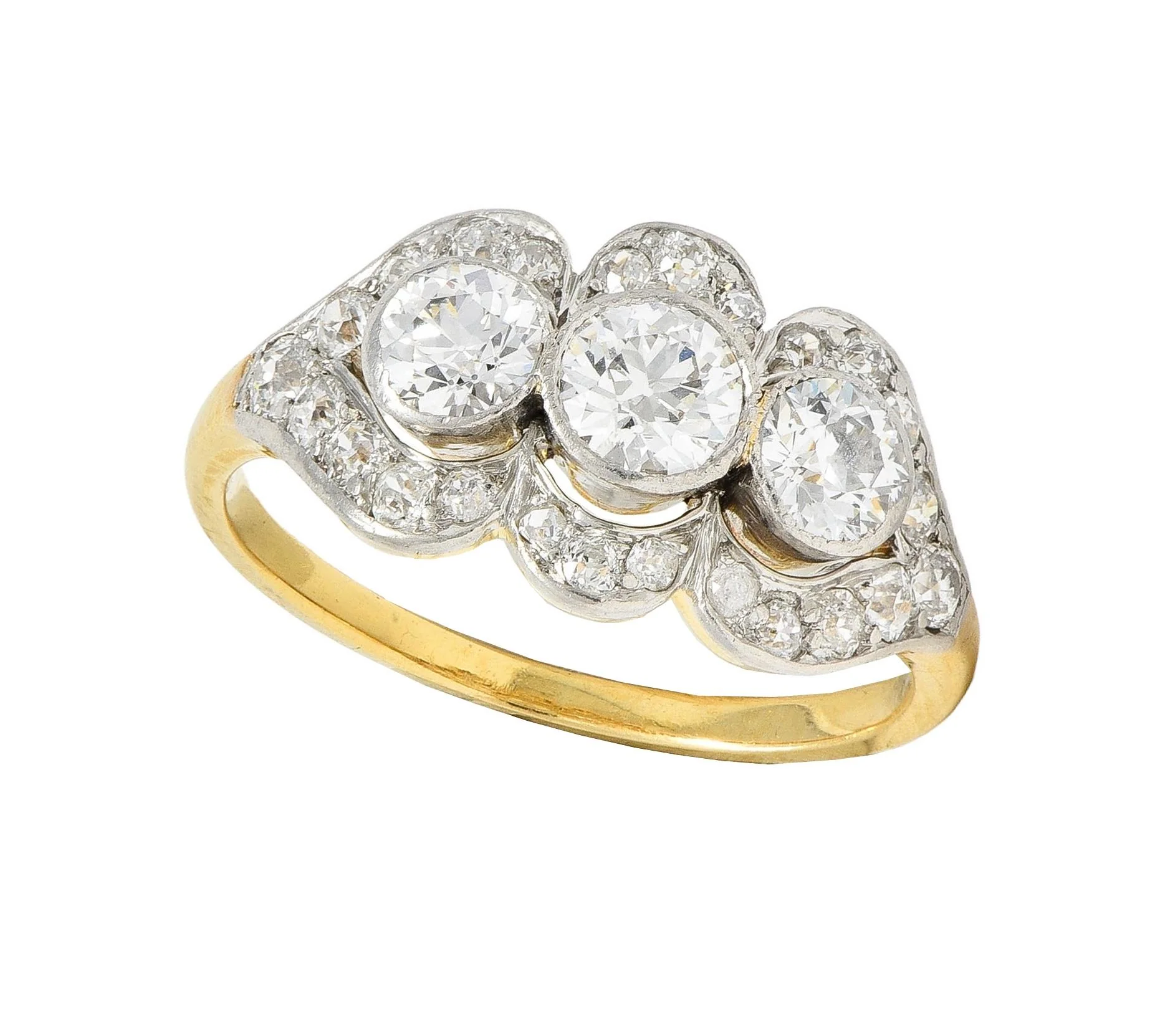 Edwardian 1.45 CTW Diamond Platinum 14 Karat Yellow Gold Antique Three Stone Dinner Ring - Image 7