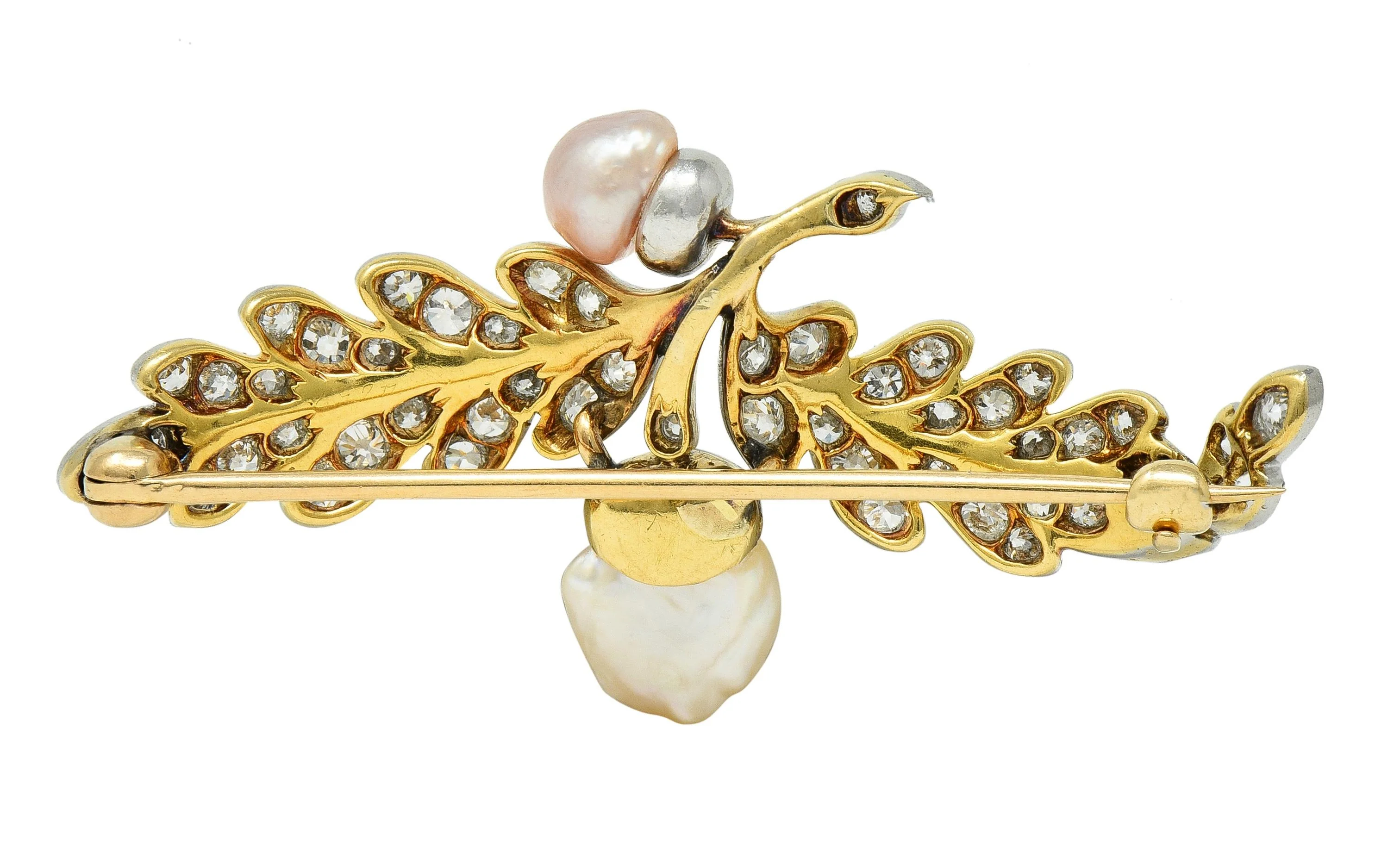 Edwardian 1.54 CTW Diamond Pearl Platinum 14 Karat Gold Antique Oak Leaf Brooch - Image 3