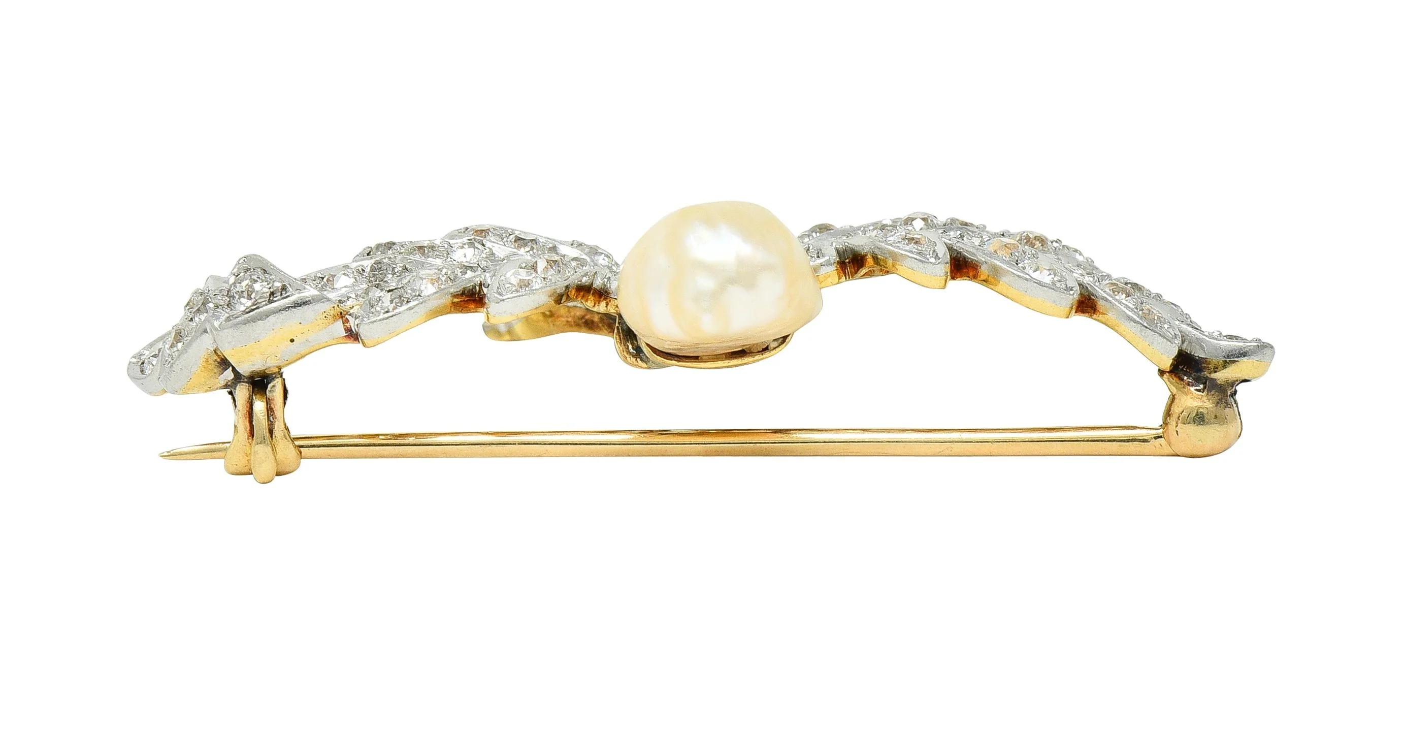 Edwardian 1.54 CTW Diamond Pearl Platinum 14 Karat Gold Antique Oak Leaf Brooch - Image 7