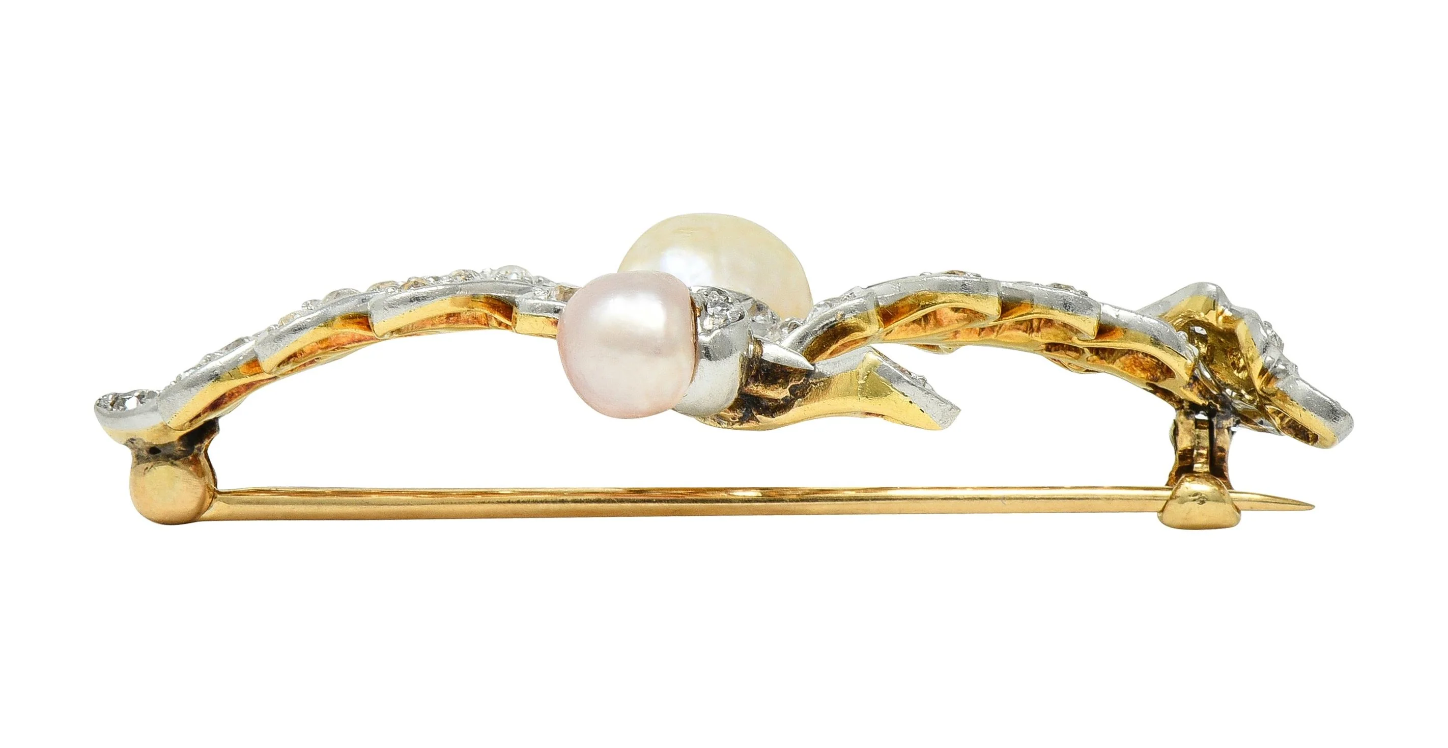 Edwardian 1.54 CTW Diamond Pearl Platinum 14 Karat Gold Antique Oak Leaf Brooch - Image 9