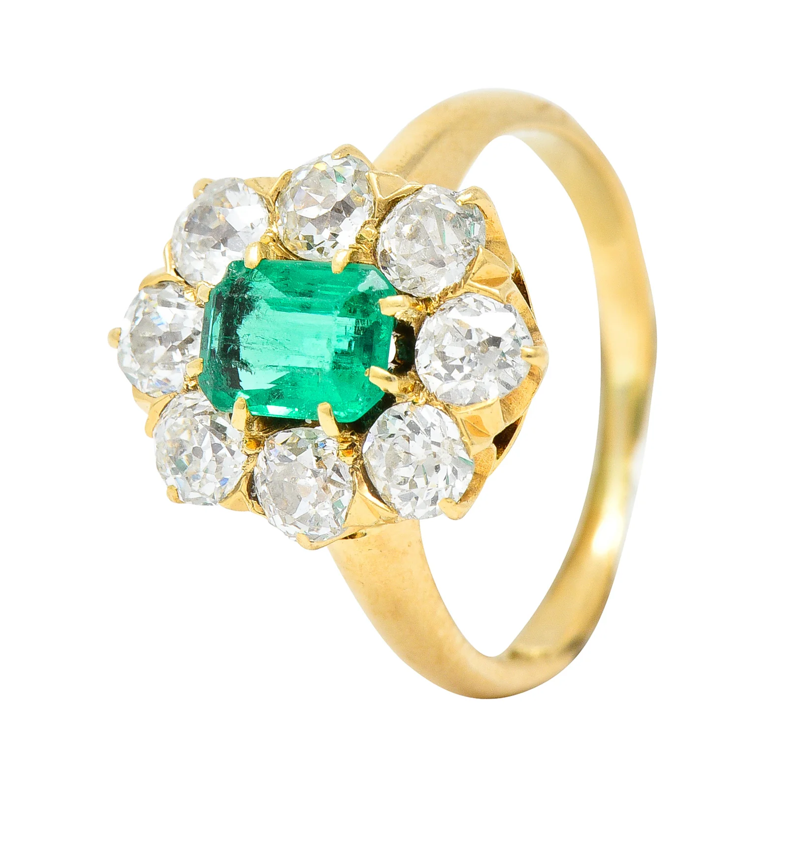 Edwardian 1.54 CTW Emerald Old European Cut Diamond 18 Karat Yellow Gold Antique Cluster Ring - Image 8