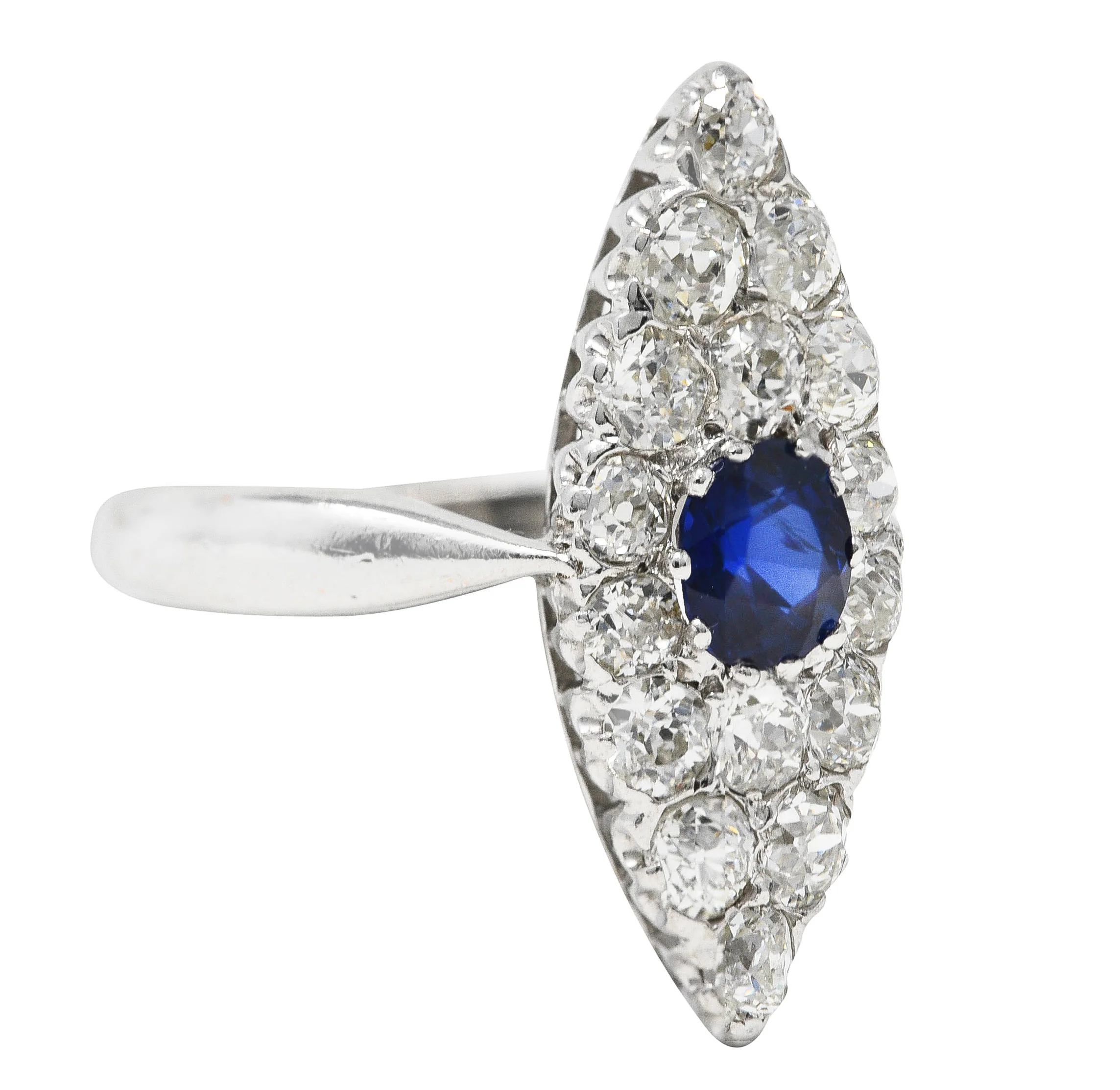 Edwardian 1.56 CTW Cushion Cut Sapphire Old Mine Cut Diamond 14 Karat White Gold Antique Navette Dinner Ring - Image 2