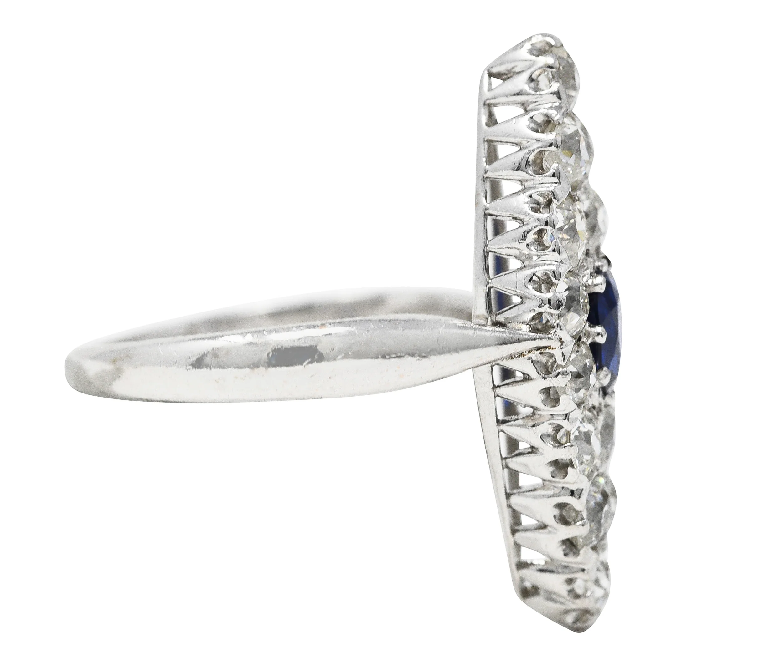 Edwardian 1.56 CTW Cushion Cut Sapphire Old Mine Cut Diamond 14 Karat White Gold Antique Navette Dinner Ring - Image 3