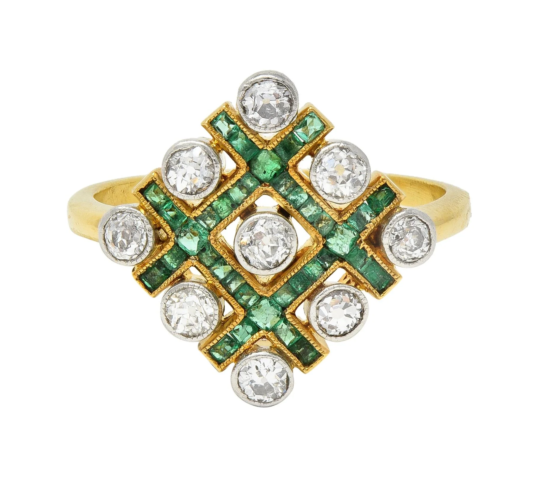 Edwardian 1.59 CTW Diamond Emerald Platinum 18 Karat Gold Antique Checkerboard Ring