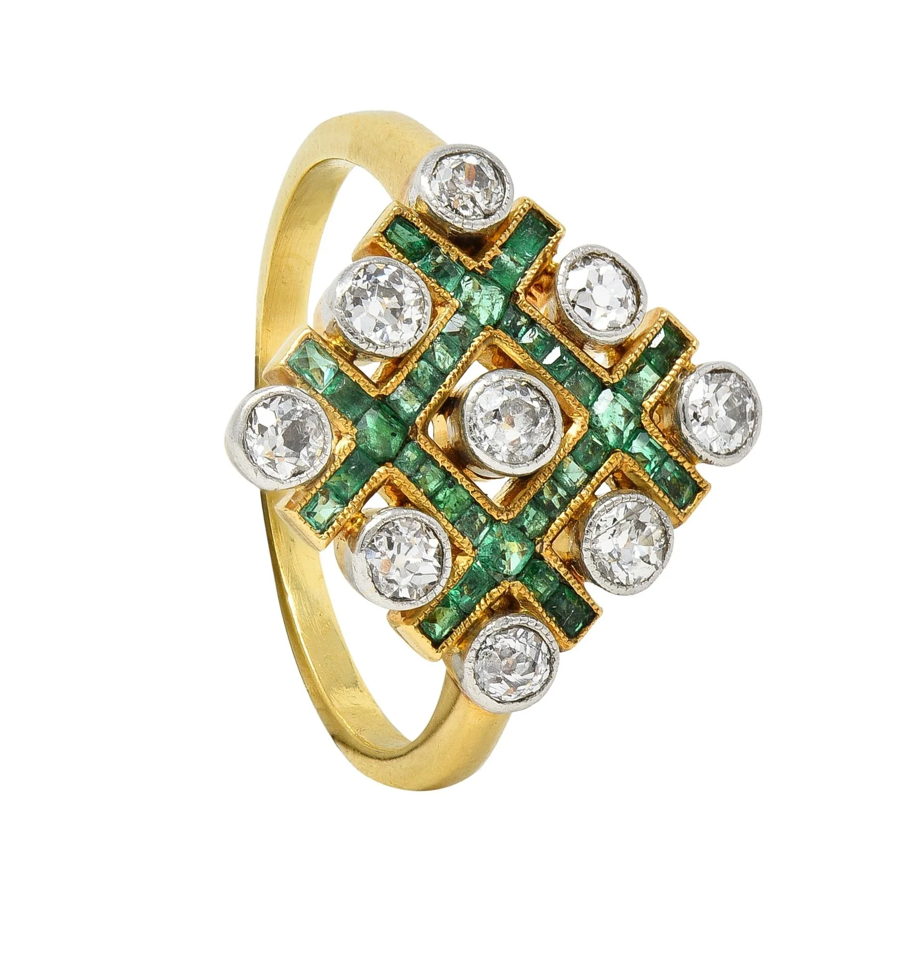 Edwardian 1.59 CTW Diamond Emerald Platinum 18 Karat Gold Antique Checkerboard Ring - Image 10