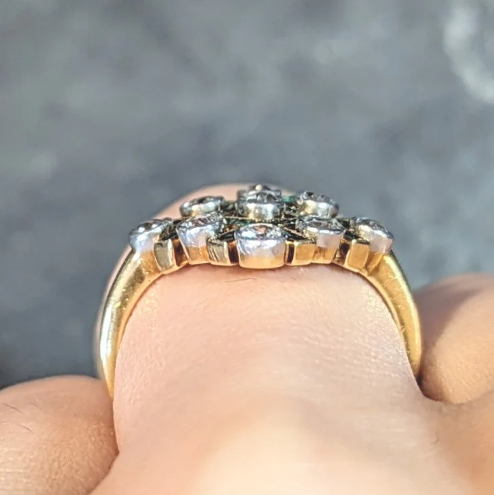 Edwardian 1.59 CTW Diamond Emerald Platinum 18 Karat Gold Antique Checkerboard Ring - Image 12