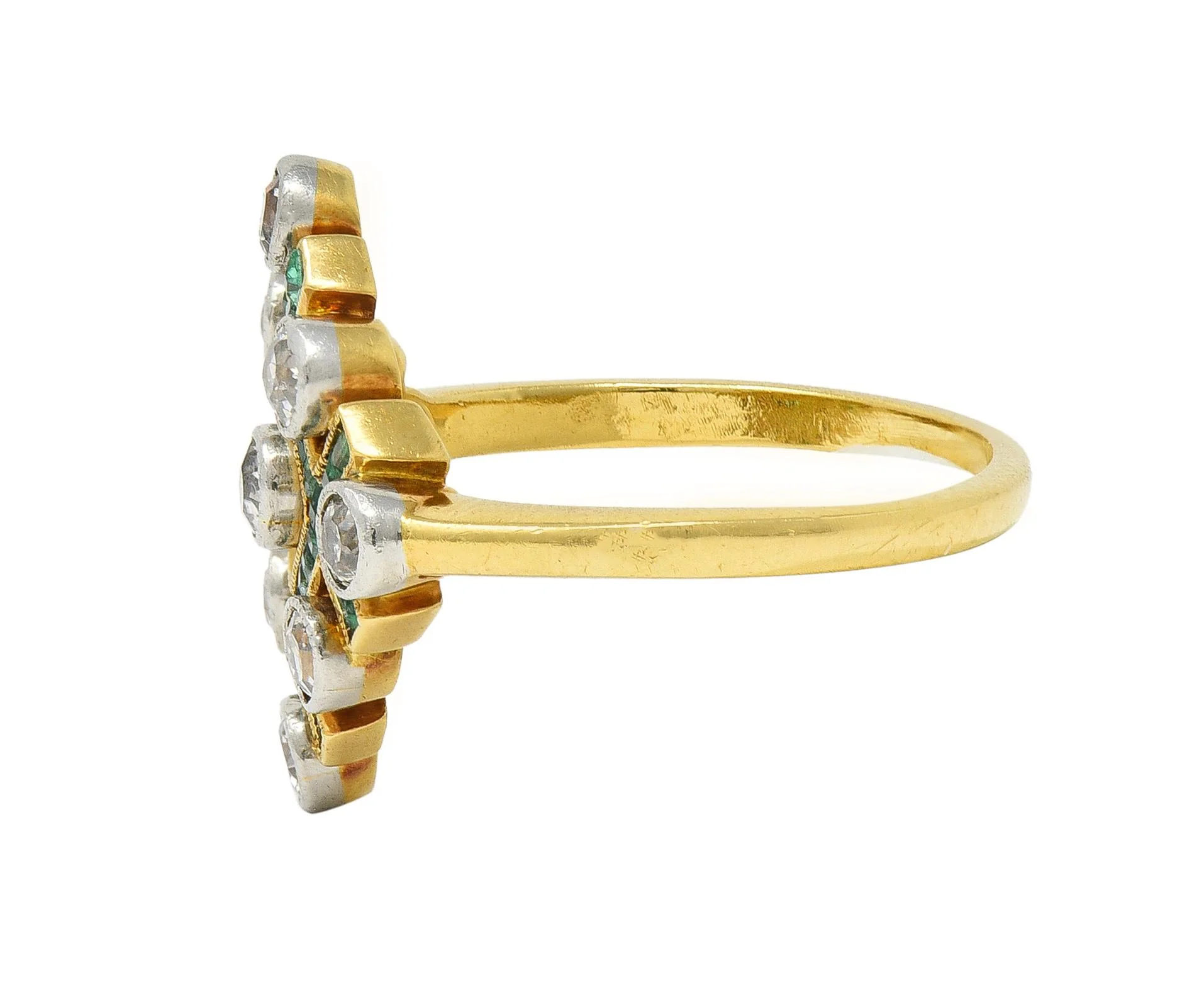 Edwardian 1.59 CTW Diamond Emerald Platinum 18 Karat Gold Antique Checkerboard Ring - Image 6