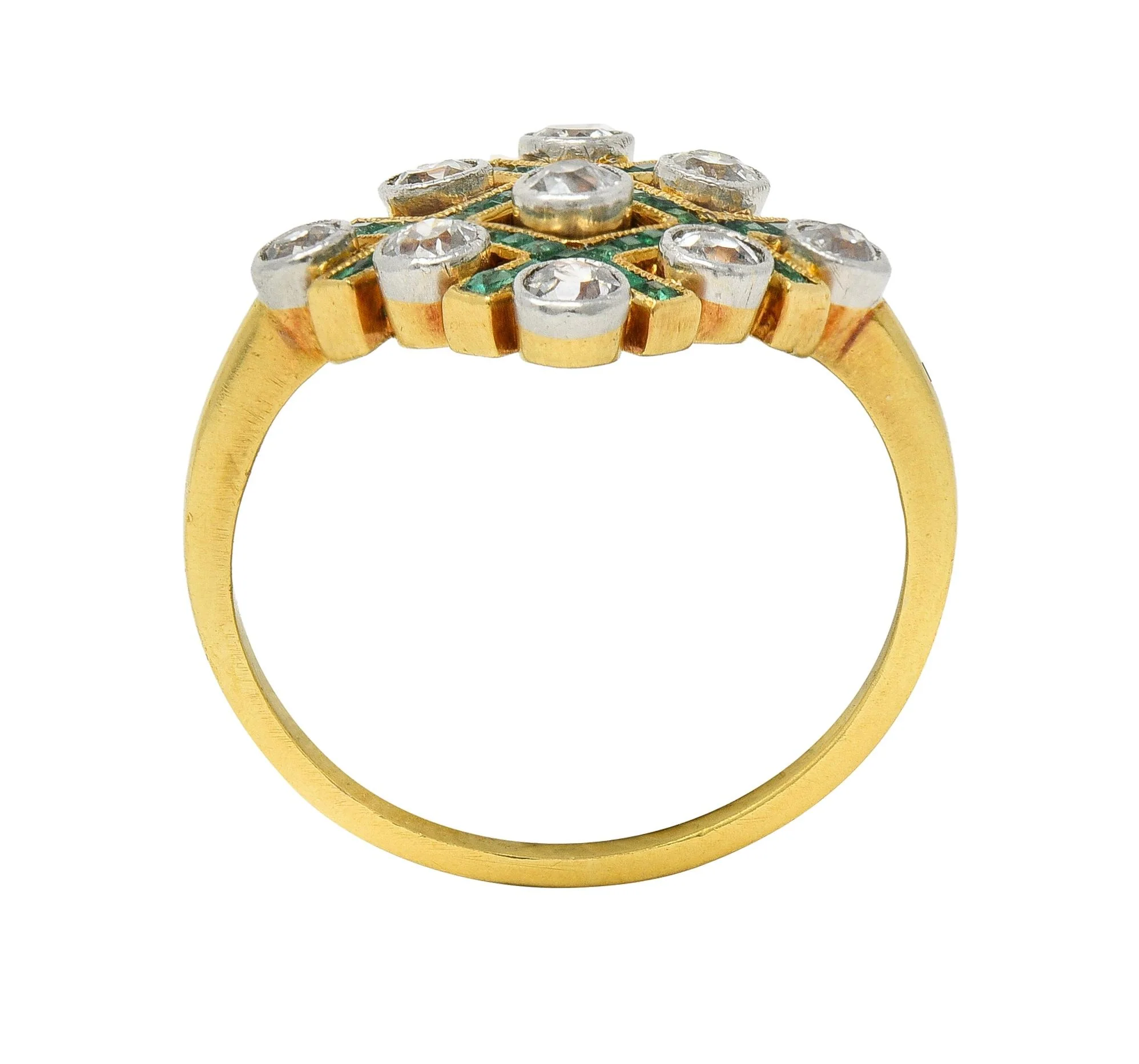 Edwardian 1.59 CTW Diamond Emerald Platinum 18 Karat Gold Antique Checkerboard Ring - Image 8